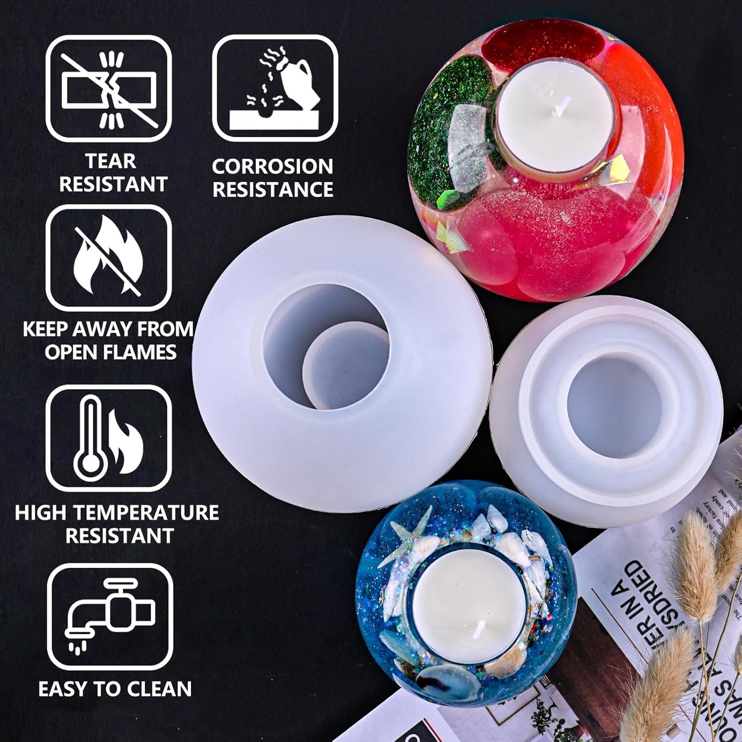 2 Pcs Tealight Candle Holder Resin Molds, Set of Large + Small Sphere Candlestick Silicone Molds for DIY Round Crystals Ball Candle Vessels Craft Epoxy Casting Home Table