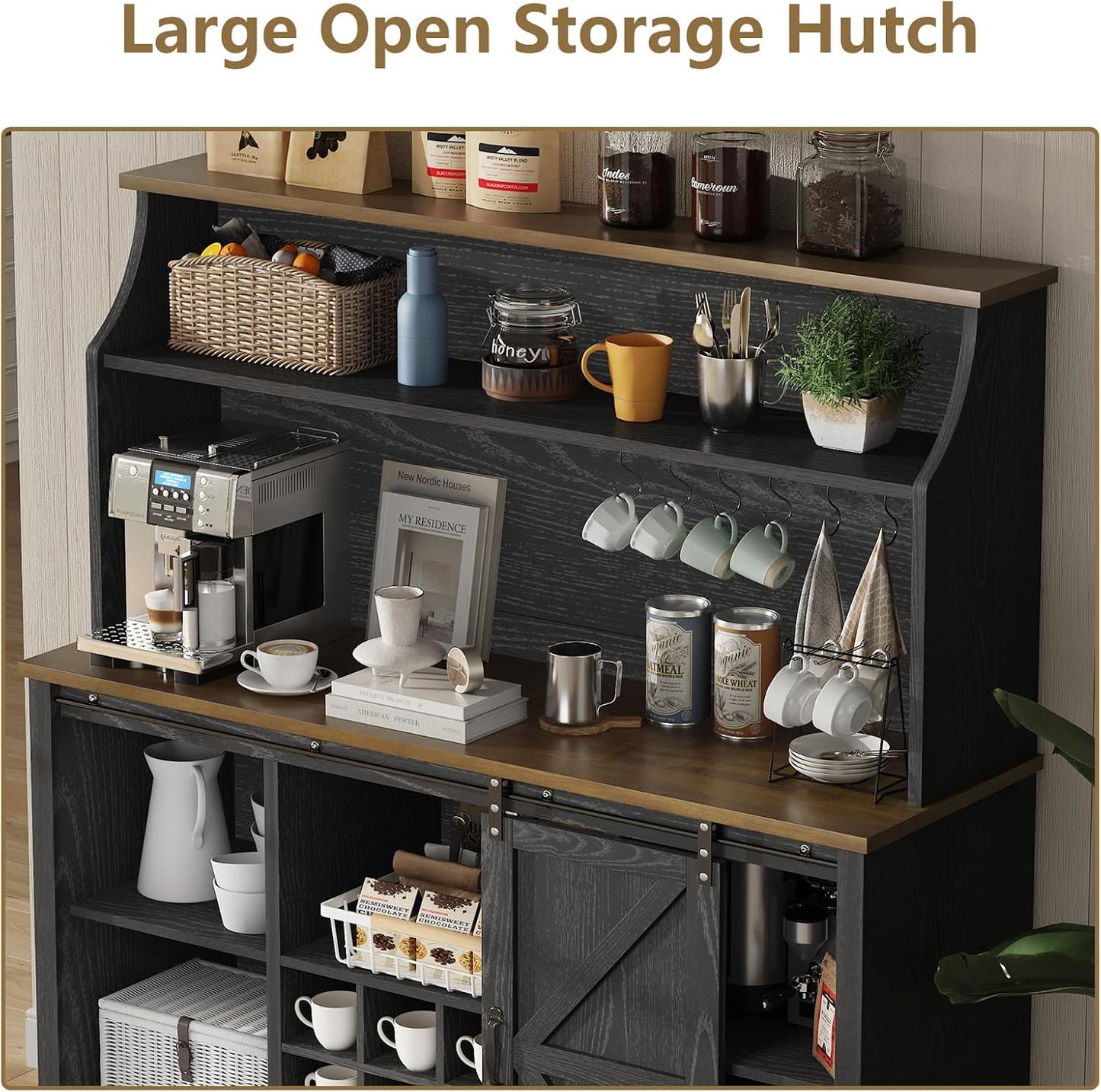 55 Inch Farmhouse Coffee Bar Cabinet with 3-Tier Storage, Kitchen Hutch with 12 Wine Racks & 3 Glass Holders, Coffee Bar with 6 Hooks, Wine Bar Cabinet for Dining Living Room, Black