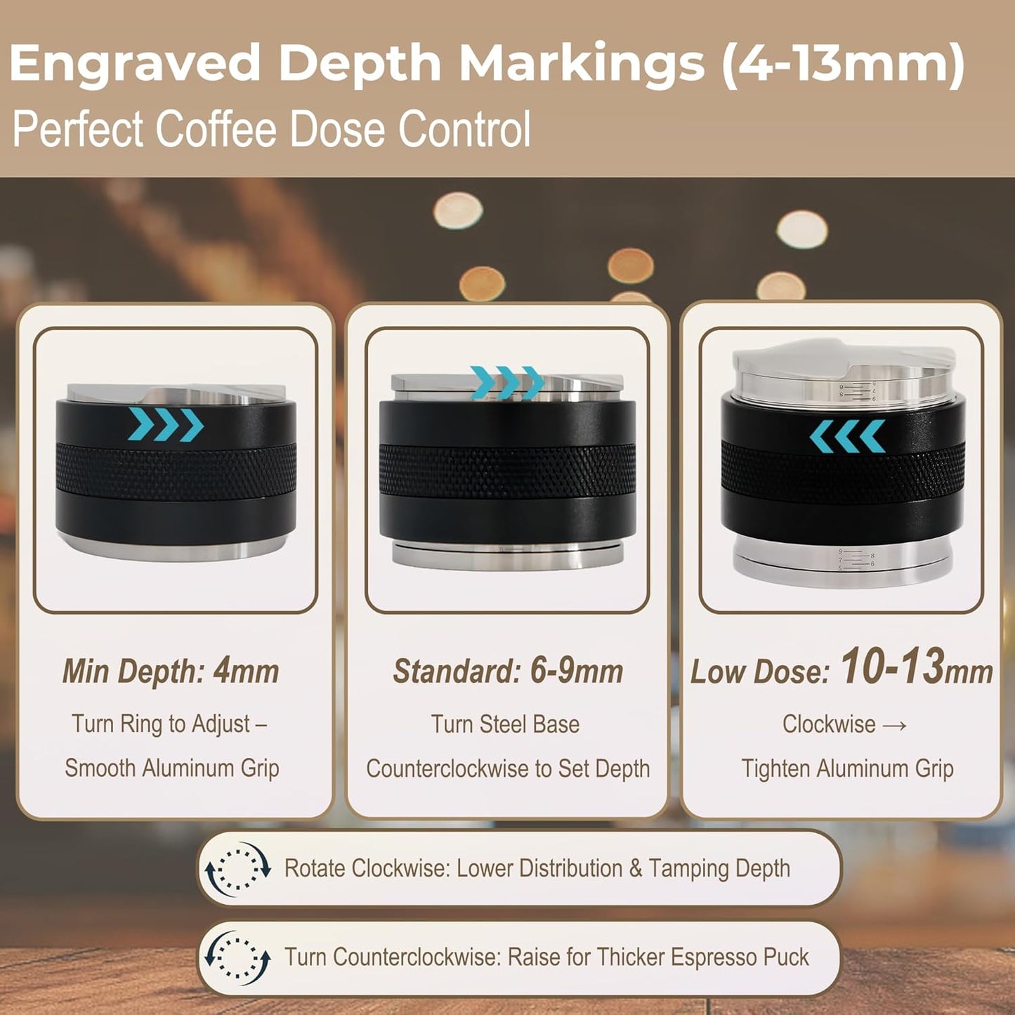 51mm Coffee Distributor & Tamper - Dual Head Adjustable Depth for Breville Barista Pro/Express/Touch - 304 Stainless Steel Coffee Leveler and Hand Tamper, Black