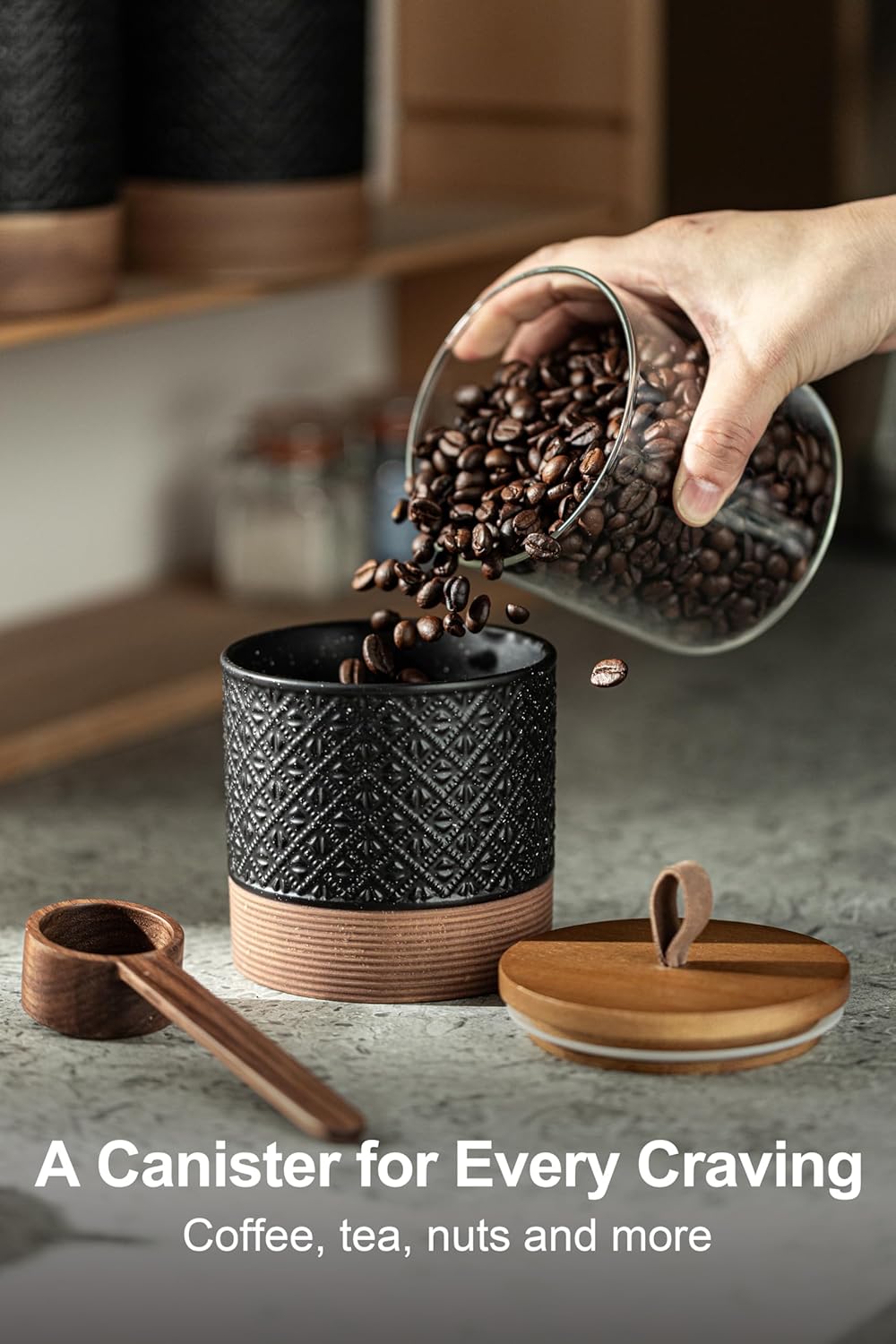 Ceramic Jars with Lid, Small Coffee Canister with Lid, Kitchen Food Storage Jars for Sugar Loose Leaf Tea Candy, Decorative Jar for Countertop, Pantry, Coffee Bar Accessories Black & 20 fl.oz