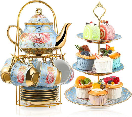 Maxcheck 21 Pcs Tea Party Set for Adults European Floral Tea Set with Metal Holder and 3 Tier Ceramic Cake Stand Porcelain Flower Cup Teapot for Dessert Cupcake(Advanced Style)