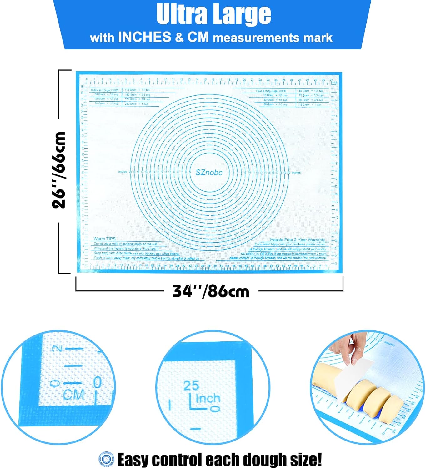 Silicone Pastry Mat 34'' By 26'' Extra Large Baking Mat with Measurements for Dough Rolling, Kneading Board, Kitchen Counter Mats for Dough, Pastry, Fondant, Pie Crust, Cookies, Bread, Pasta, Pizza