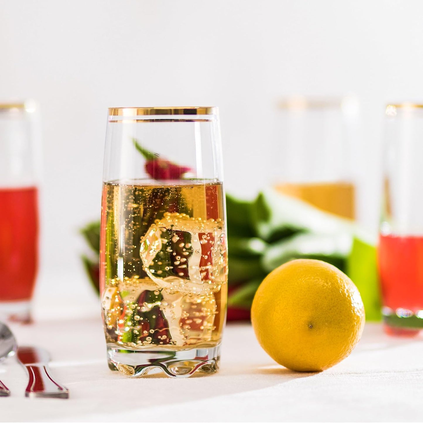 13.25 Oz Gold Glass Cup (Set of 6) - Elegant Drinking Glasses with Gold Accented Rim, Durable Glassware for Entertaining, Dining, Everyday Use - Ideal for Cocktails & Beverages