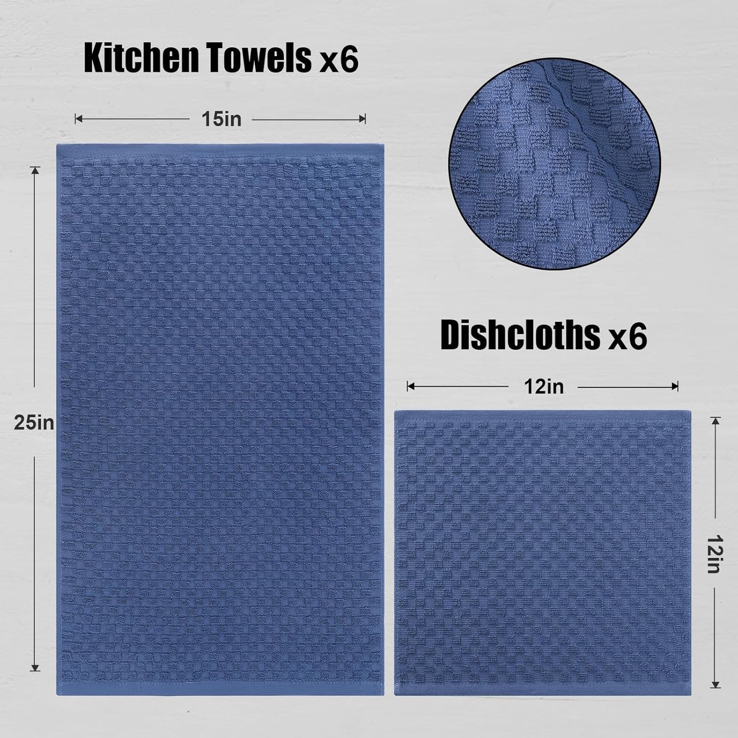 Fintale 100% Cotton Kitchen Towels and Dishcloths Set, 12 x 12 & 15 x 25 Inches, Set of 12 Bulk Super Soft and Absorbent Terry Cloth Dish Towels, Quick Drying Hand Towels with Hanging Loop, Navy Blue
