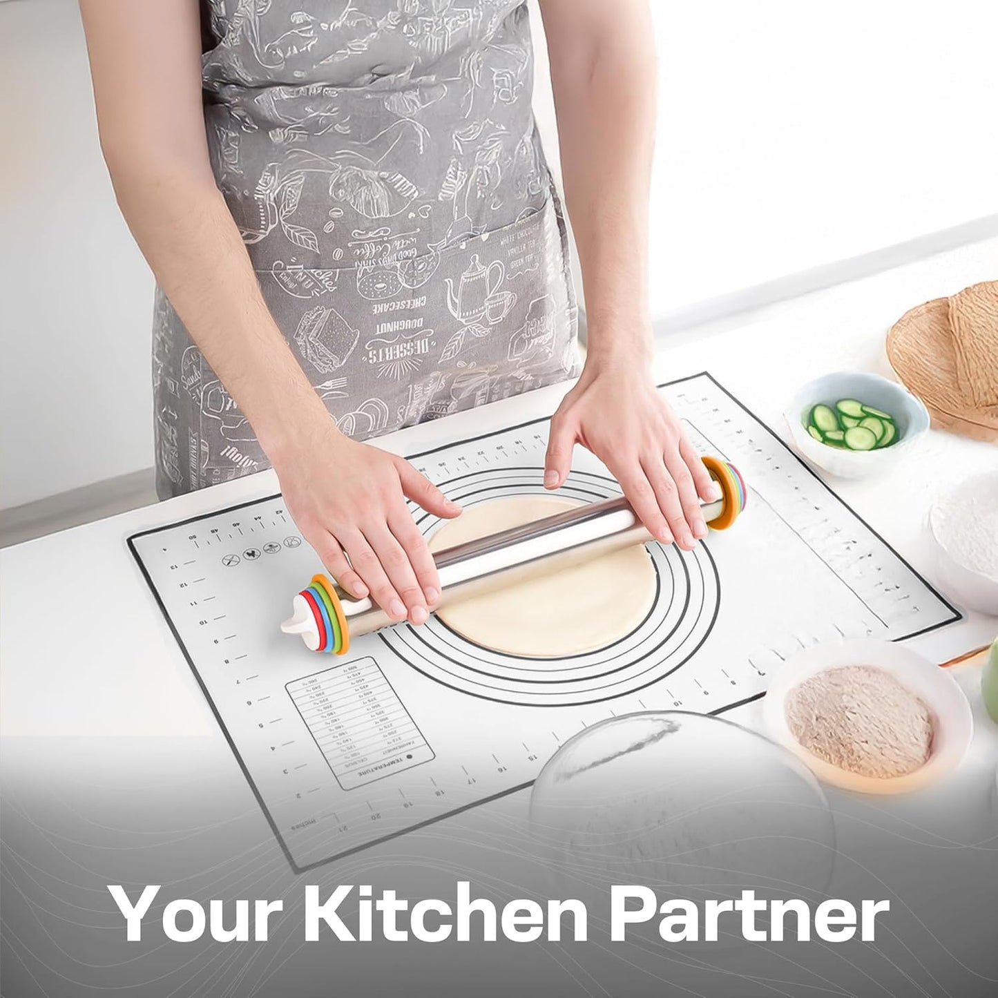 17" Stainless Steel Rolling Pin with 4 Adjustable Thickness Rings and Baking Mat for Dough, Pizza, Pies, Pastries, Pasta, Cookies (Black Mat)