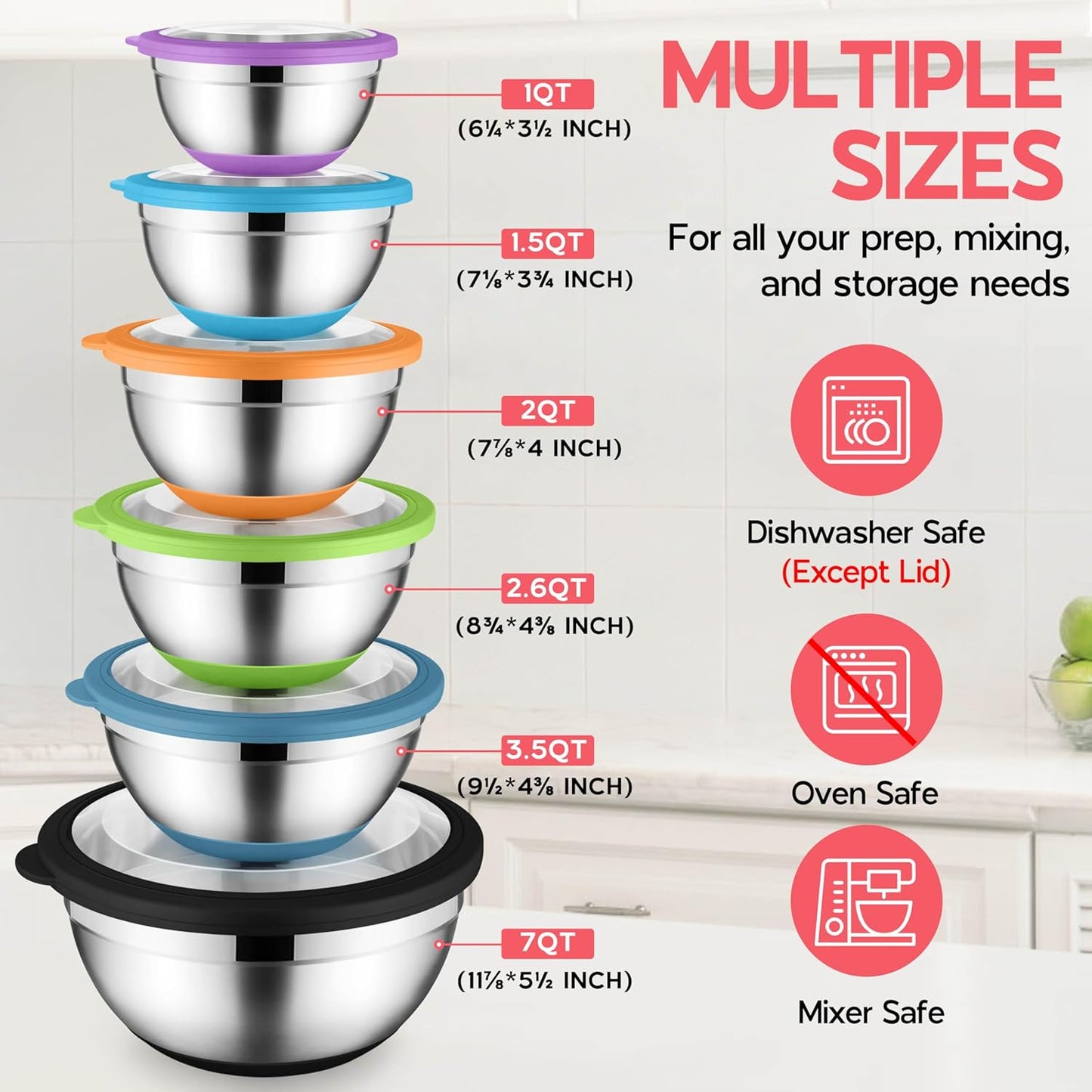 Colorful Mixing Bowl Set of 6 for Kitchen, Large Stainless Steel Metal Nesting Mixing Bowls with Airtight Lids, Non Slip - Size 1, 1.5, 2, 2.6, 3.5, 7QT