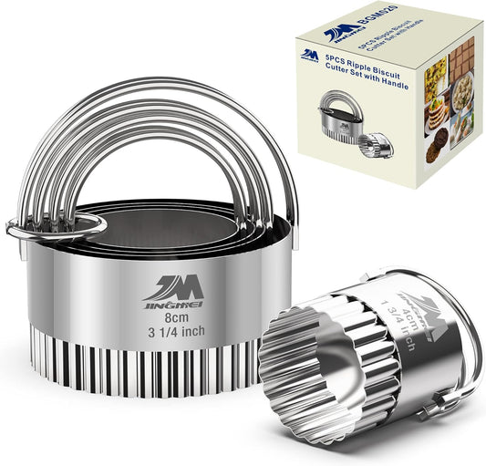 Fluted cookie cutter Set 1.75inch 2inch 2.25inch 2.75inch 3.25inch, Stainless Steel Round Biscuit Cutters with Handle, Wave Cookies Cutter with Fluted Edge, Baking Dough Tools, 5pcs GIFT