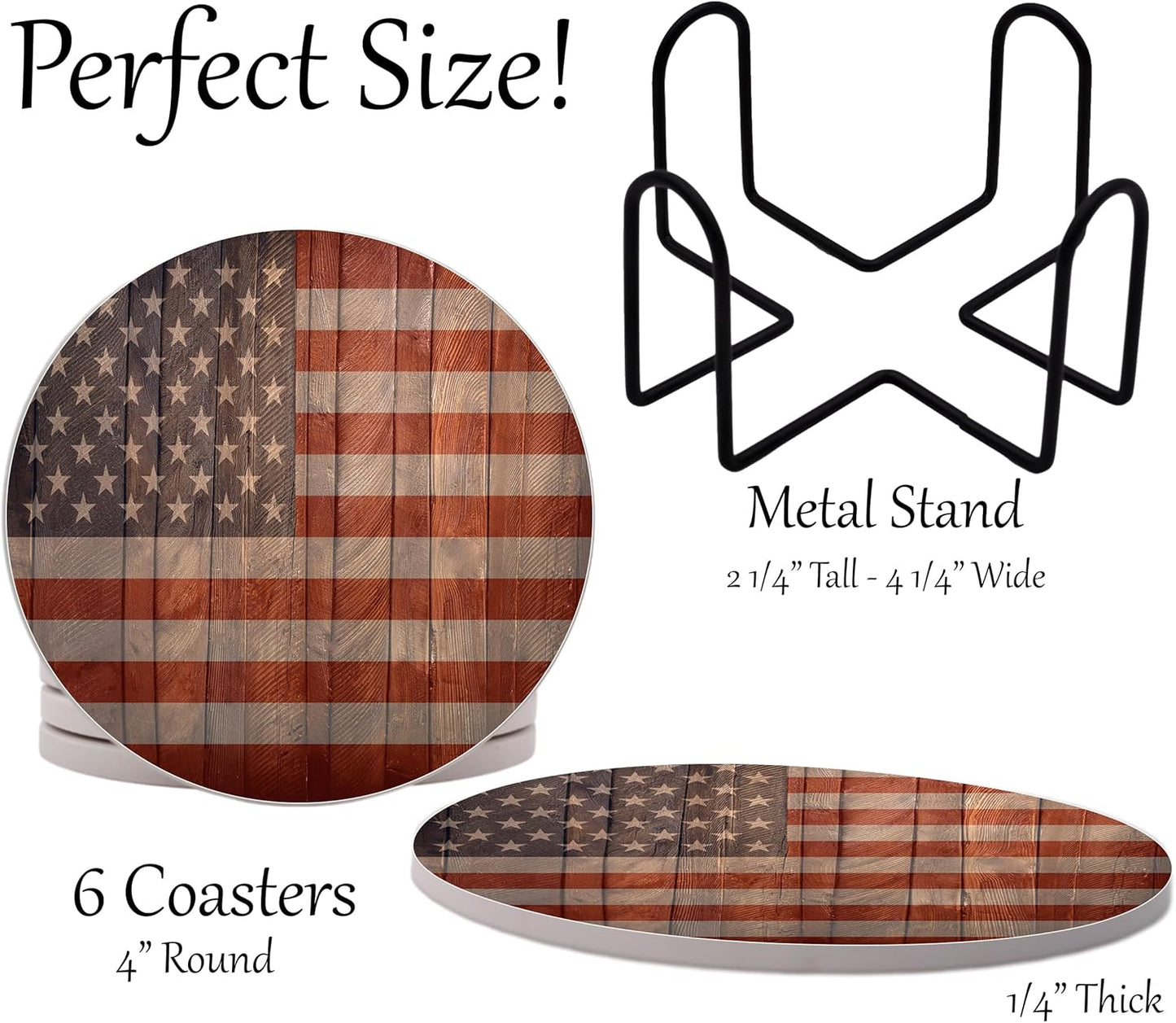 USA American Flag United States Round Coasters Set of 6 - Abosrbent Ceramic with Metal Stand for Drinks, Coffee, Non-Slip Cork Back for Tabletop Protection, 4 Inches (Wood)