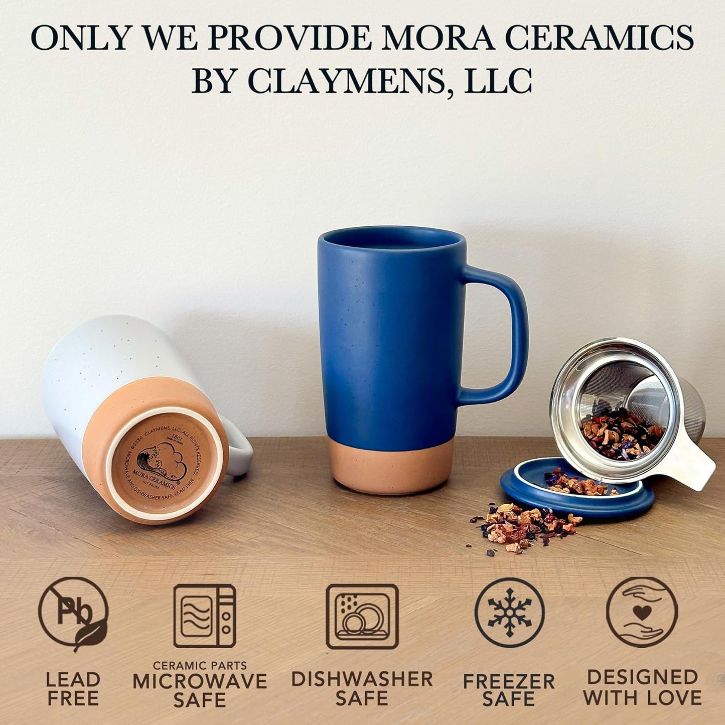 Mora Ceramics Large Tea Mug with Loose Leaf Infuser and Ceramic Lid, 18 oz, Portable, Microwave and Dishwasher Safe, Tall Coffee Cup - Rustic Matte Ceramic Glaze, Modern Herbal Tea Strainer, Deep Blue