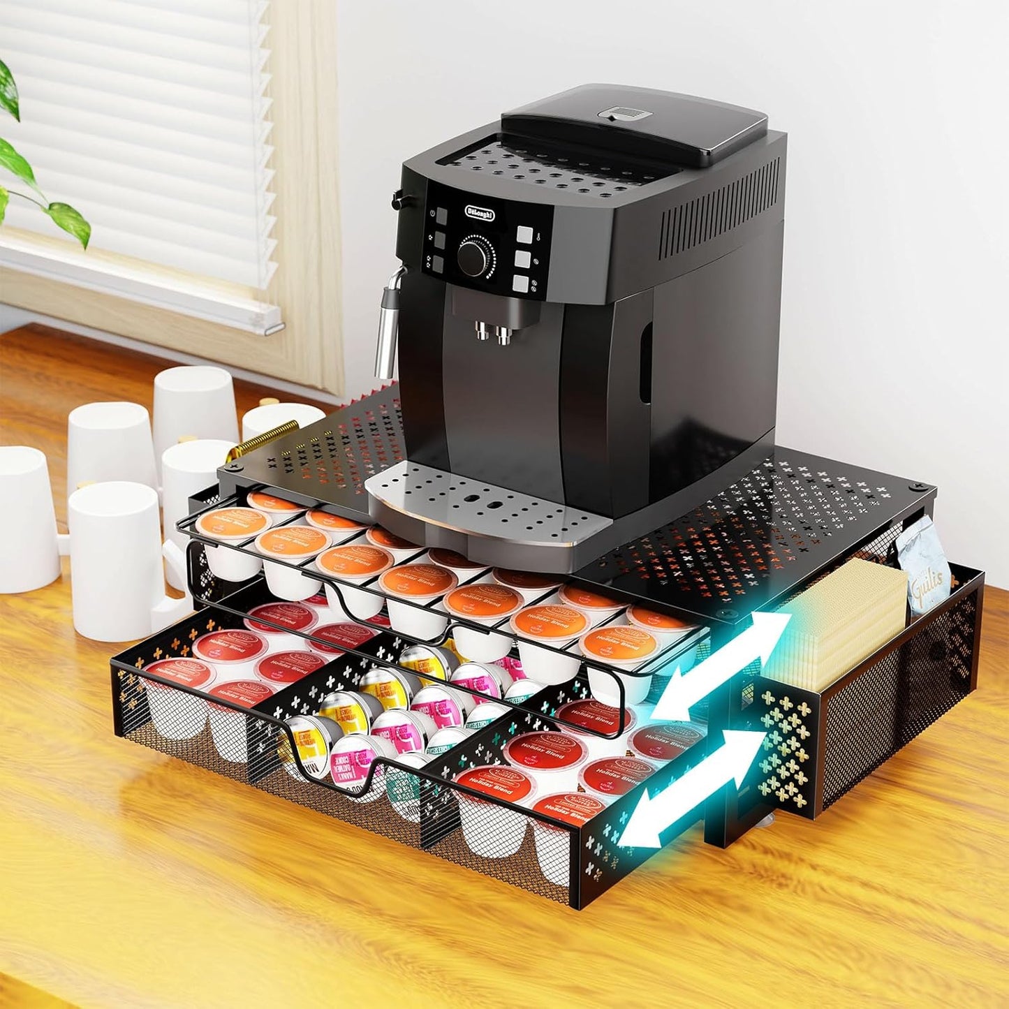 Simple Trending Coffee Pod Holder for K Cups, with 2 Tier Slidng Storage Drawer and Coffee Accessories Holder, 63 Large or 80 Small Capsule Organizer, Black