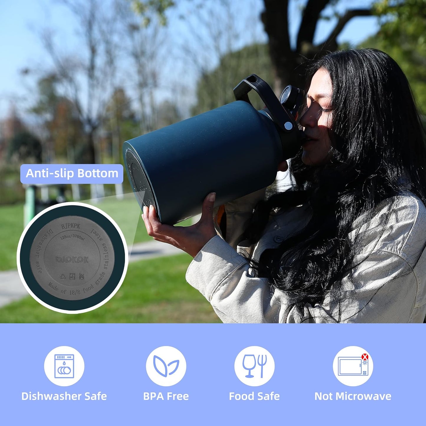 BJPKPK One Gallon(128 oz) Insulated Water Bottle, Dishwasher Safe Stainless Steel Thermos, BPA Free Jug with Ergonomic Handle & Anti-slip Bottom, Large Water Bottle, Navy Blue