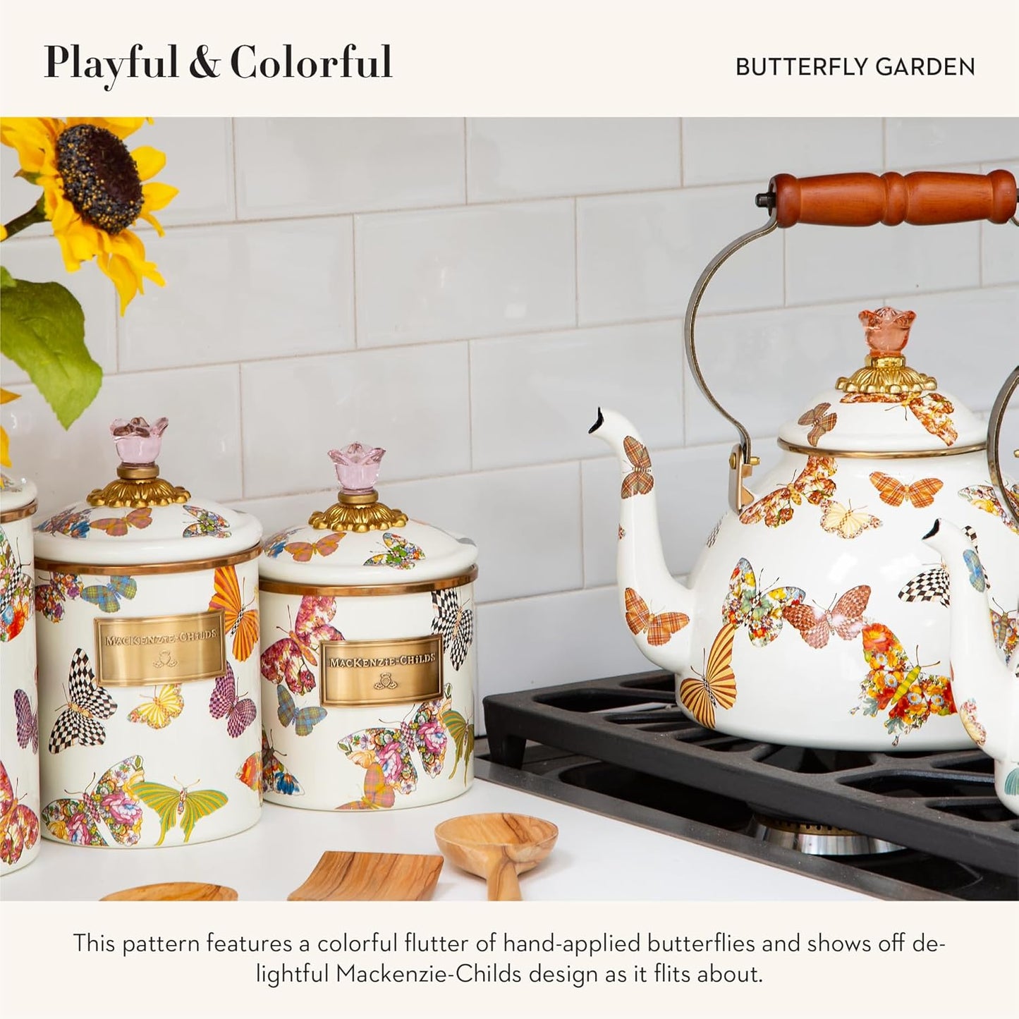 MACKENZIE-CHILDS Butterfly Garden Enamel Canister, Pretty Kitchen Storage Container with Lid, Large