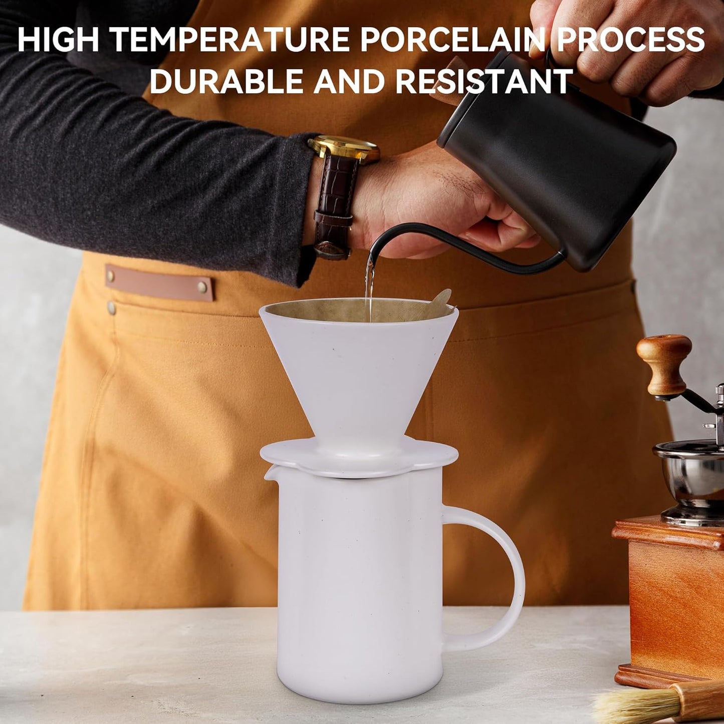 AZYM Pour Over Coffee Maker Set,V60 Coffee Dripper with 20 Count Paper Coffee Filters,Four-Leaf Clover-Shaped Drip Coffee Maker,Vintage Ceramic Carafe,for Home Brewing,Camping,17.5 oz (White)