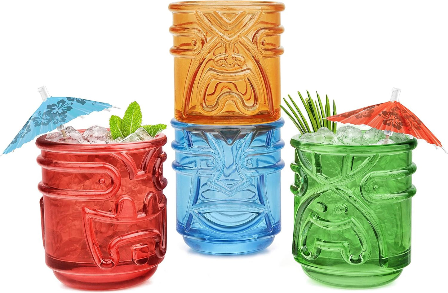 Final Touch Tiki Glasses Set of 4 - Kanaloa, Lono, Kū, Kāne Designs, 12 oz (355 ml), Multicolored, Stackable Totem Pole Storage, Durable Glassware for Tropical Cocktails (TK5302)