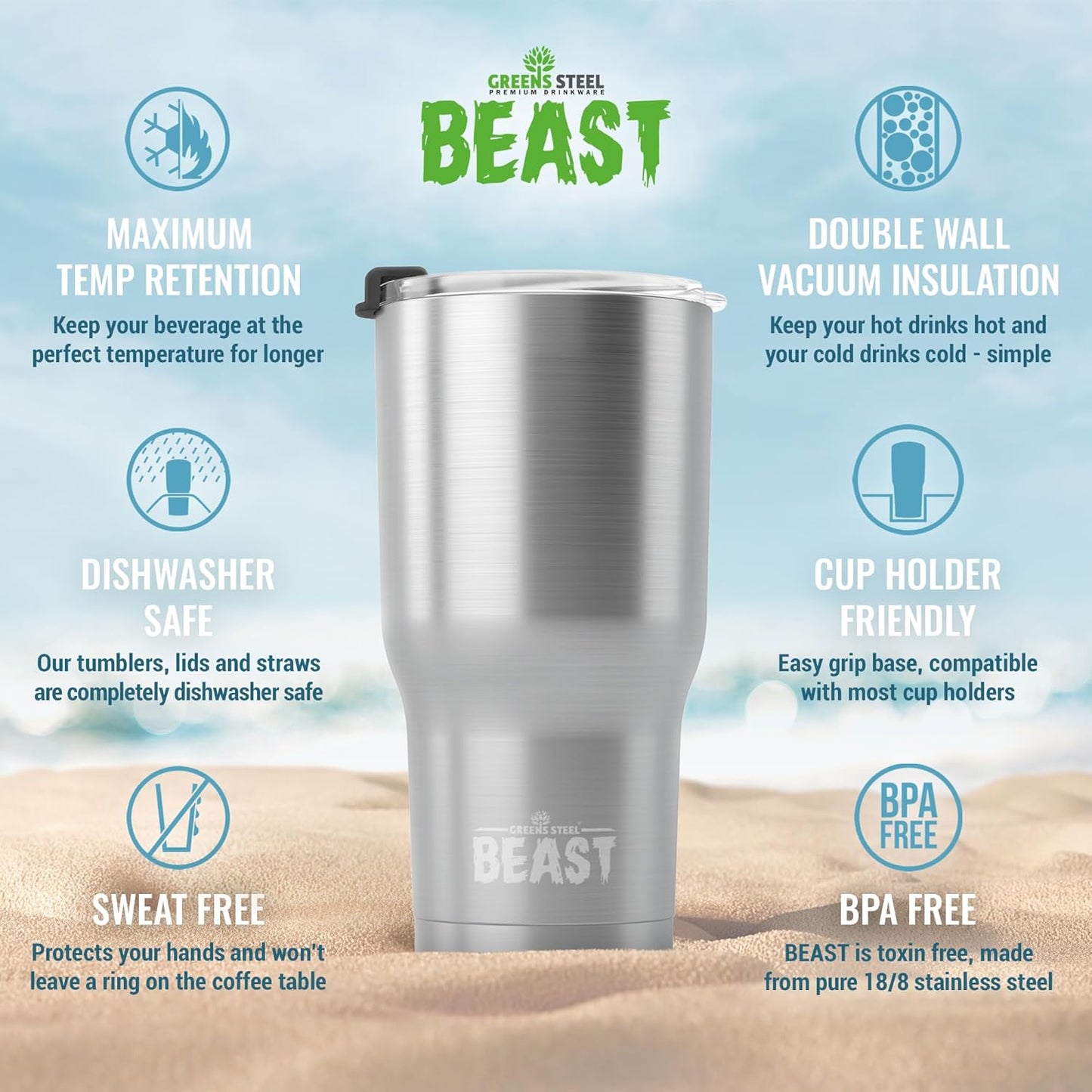 Beast 40 oz Tumbler Stainless Steel Vacuum Insulated Coffee Ice Cup Double Wall Travel Flask (Stainless Steel)