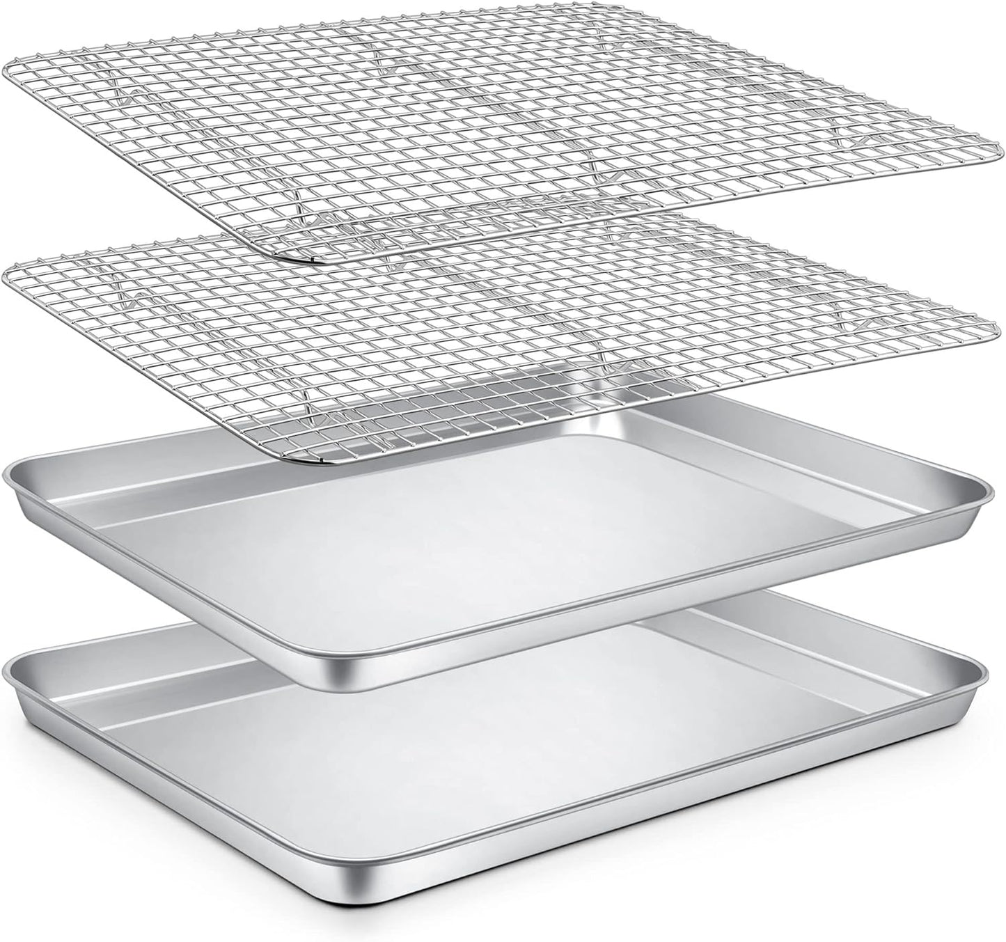 P&P CHEF 16 Inch Baking Sheet and Rack Set, Stainless Steel Cookie Sheets Oven Baking Pans Trays with Cooling Racks for Cooking & Roasting, Oven & Dishwasher Safe, (4Pcs)