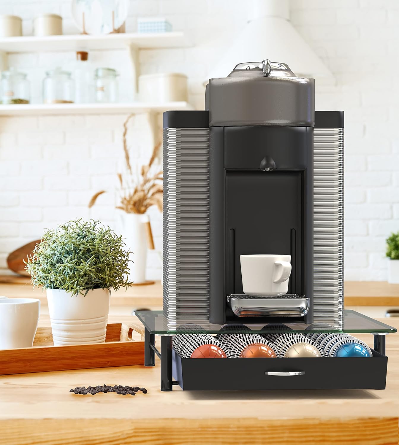 DecoBrothers Crystal Tempered Glass Vertuo Pod Holder Drawer, 28 Large or 56 Small Nespresso Capsule Organizer, Black