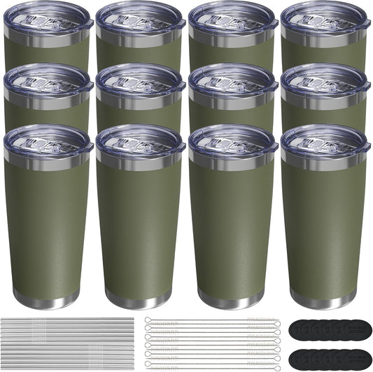 Travel Coffee Tumbler 20oz, 12 Pack Leakproof Travel Coffee Mug with Lid and Straw, Stainless Steel Double Wall Vacuum Insulated Tumbler for Hot/Iced Drinks (Textured Matte, Army Green)