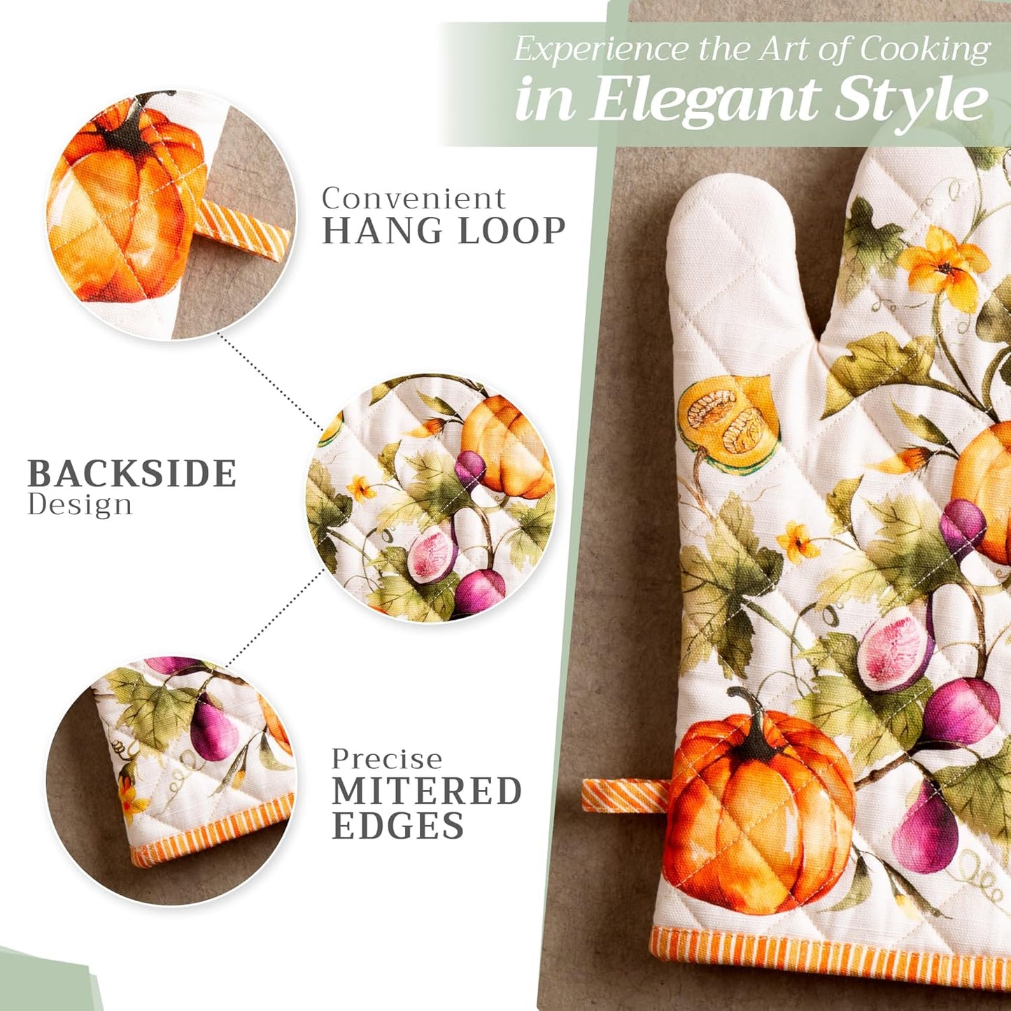 Maison d' Hermine 100% Cotton Oven Mitt & Pot Holder Set (7.5"x13" & 8"x8") Heat Resistant BBQ Cooking Gloves with Loop, Baking, Grilling, Kitchen, Handling Hot Pans (Pumpkin Garden - Cloudy Cream)