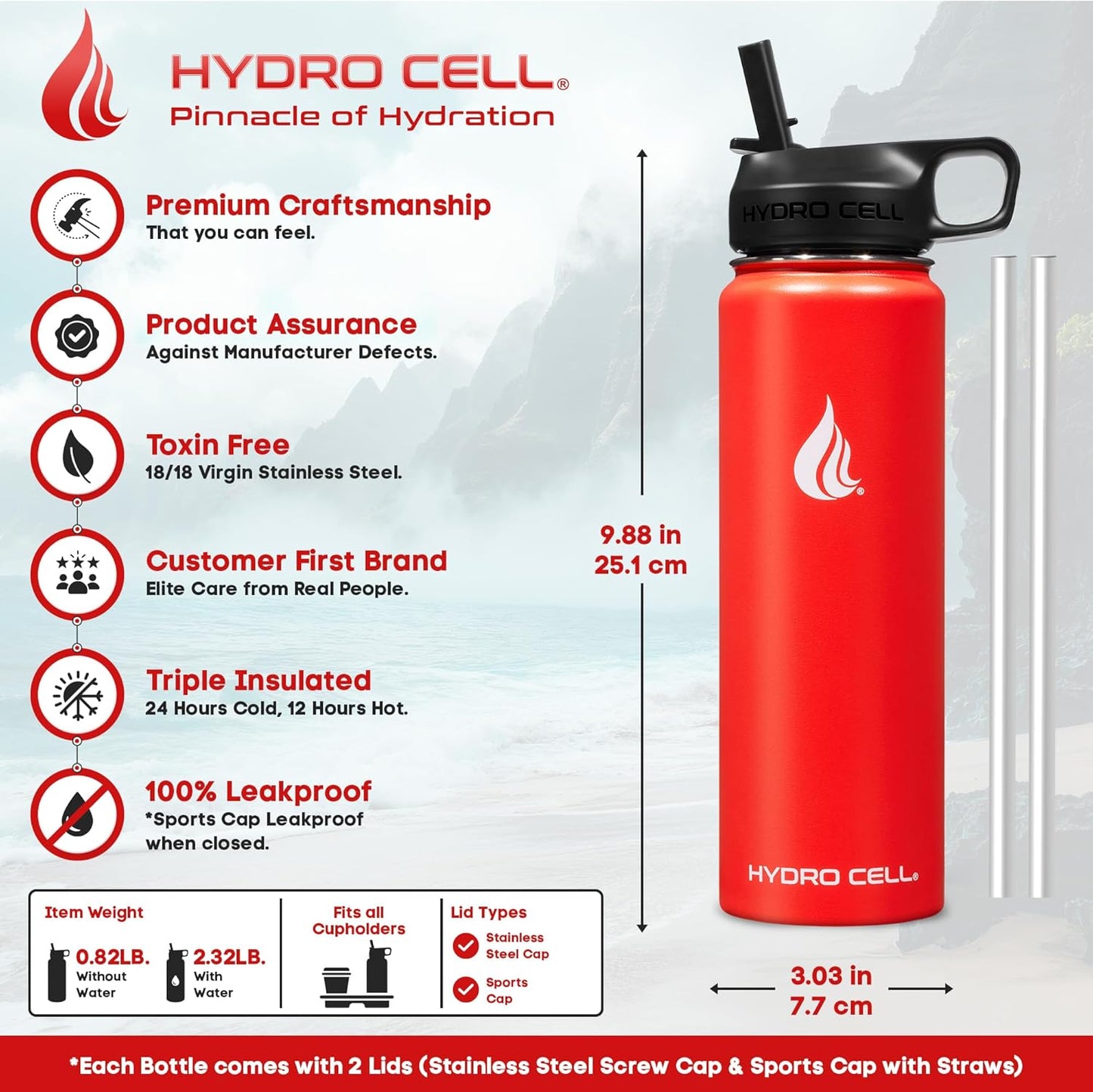 HYDRO CELL Stainless Steel Insulated Water Bottle with Straw - For Cold & Hot Drinks - Metal Vacuum Flask with Screw Cap and Modern Leakproof Sport Thermos for Adults (Mandarin 24oz)