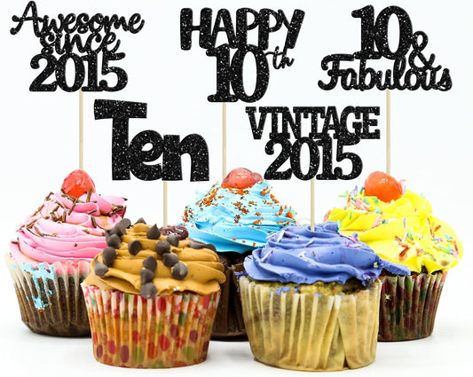 Gyufise 30Pcs Vintage 2015 Cupcake Toppers Glitter Ten Happy 10th Cupcake Picks Cheers to 10 Years Birthday Cake Decorations for Happy 10th Birthday Anniversary Party Supplies Black