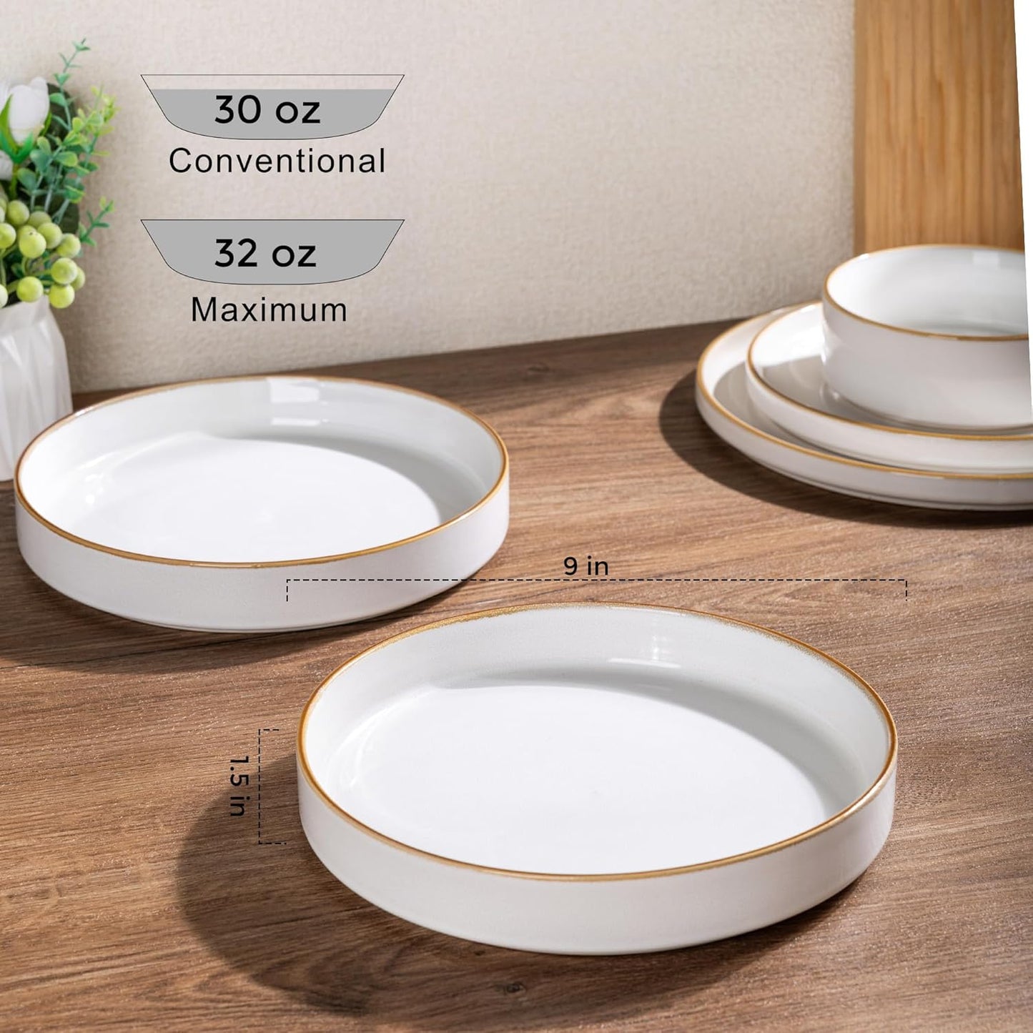 GBHOME 9'' Large Ceramic Pasta Bowls, 32oz Stoneware Pasta Serving Bowls Set of 4 for Kitchen, Wide Bowls for Fruit,Pasta,Salad,Oatmeal,Meal, Microwave Safe, Pearl White