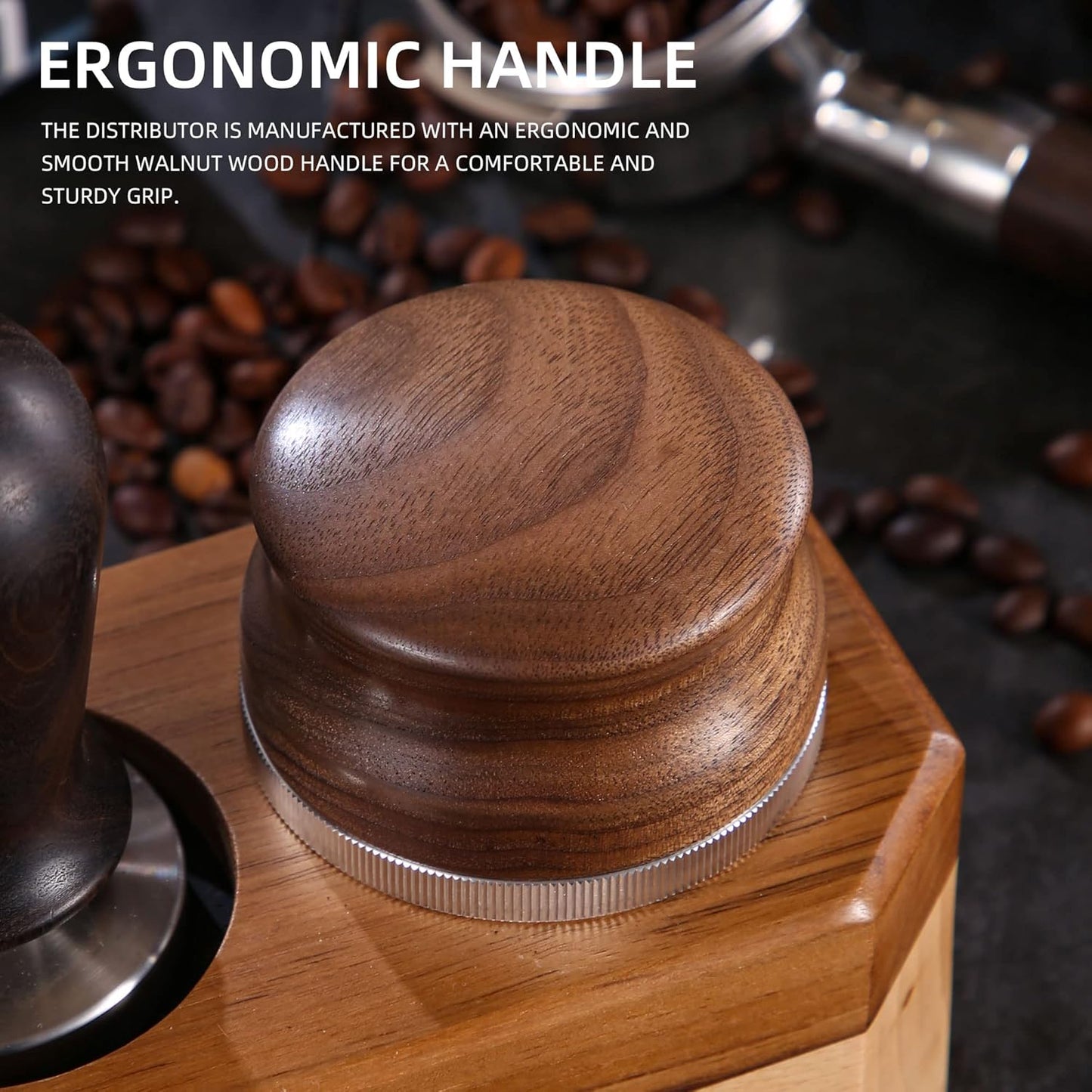 53mm Coffee Distributor, Espresso Distribution Tool, Adjustable Depth Espresso Tamper Leveler with Walnut Wood Handle Fits for 54mm Breville Barista Portafilter