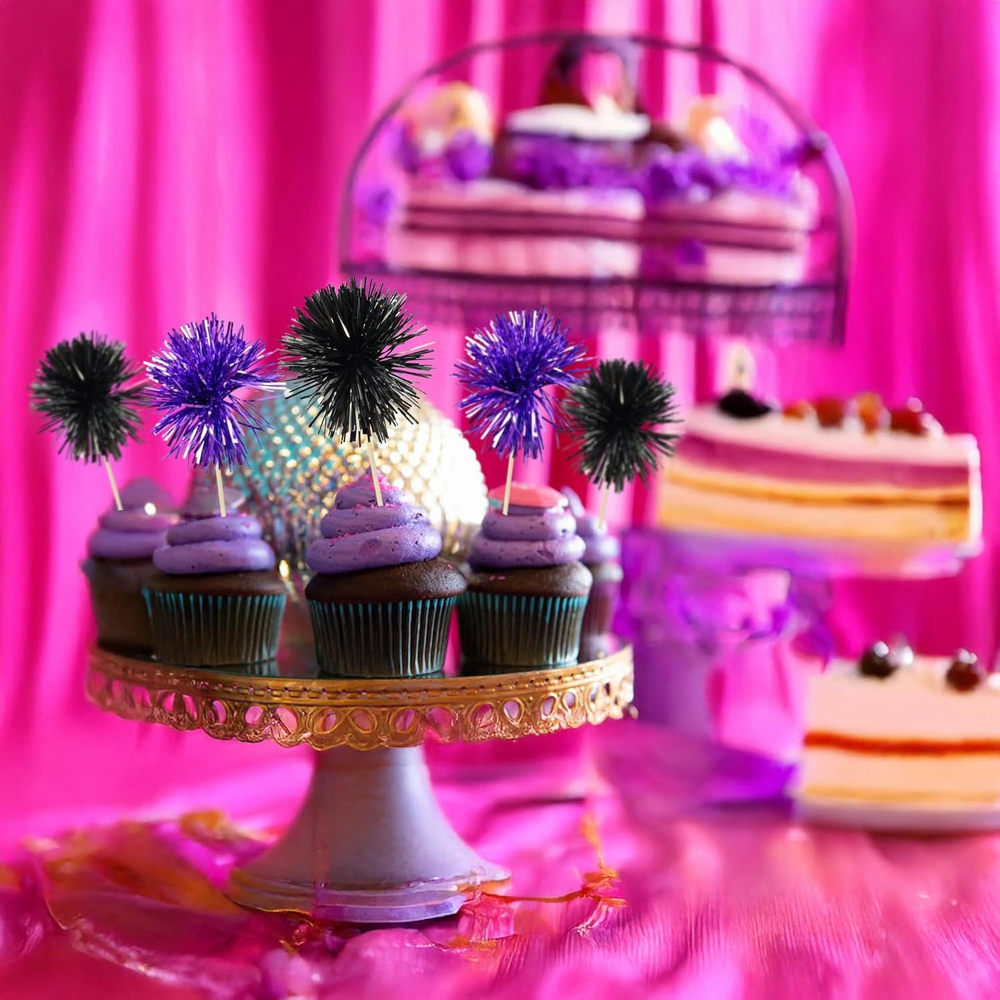 Ephlyn 30Pcs Foil Firework Cupcake Toppers Sparkle Tinsel Cupcake Picks Happy Birthday Cake Decorations Drink Stirrers Cocktail Food Toothpicks for Baby Shower Graduation Party Supplies Black Purple