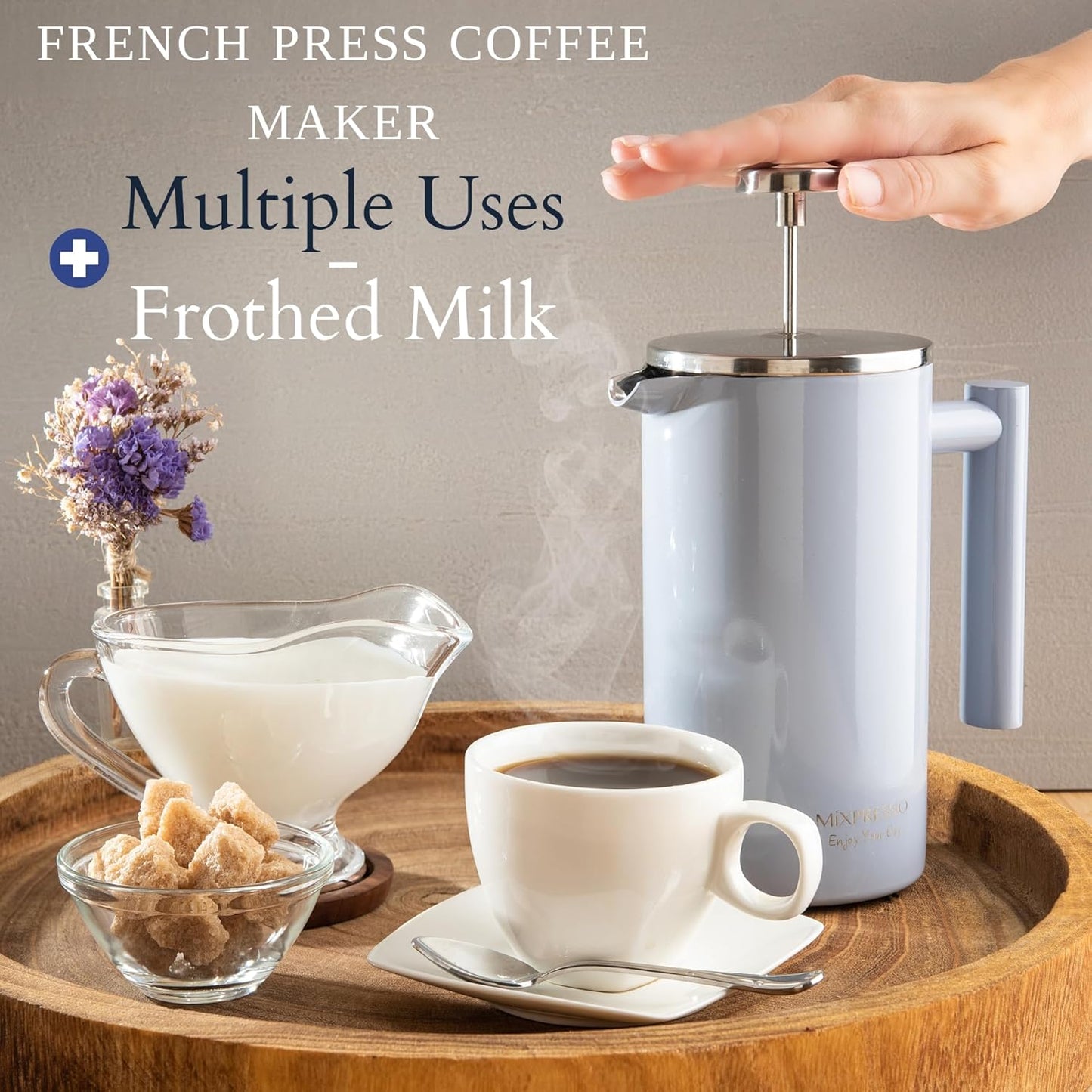 Mixpresso Light Blue Stainless Steel French Press Coffee Maker 26 Oz 770 ml, Double Wall Insulated French Press Stainless Steel, Easy Clean Tea Brewer, Easy Press Durable Metal Coffee Press