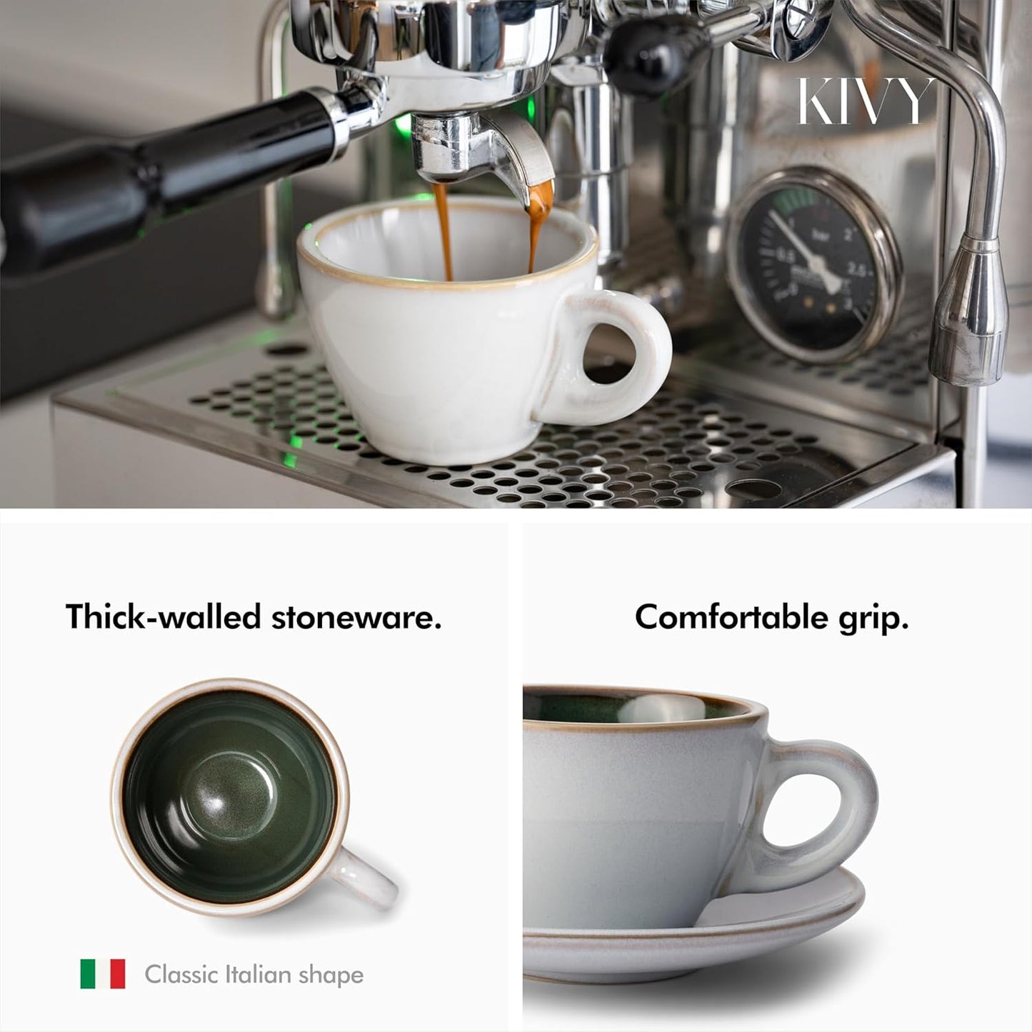 KIVY Cappuccino cups [4x 8oz] - Thick-walled stoneware cappuccino cup set for latte art - Latte mugs - Latte cup set - Small coffee cups - Latte art cup - Ceramic latte cup and saucer set of 4