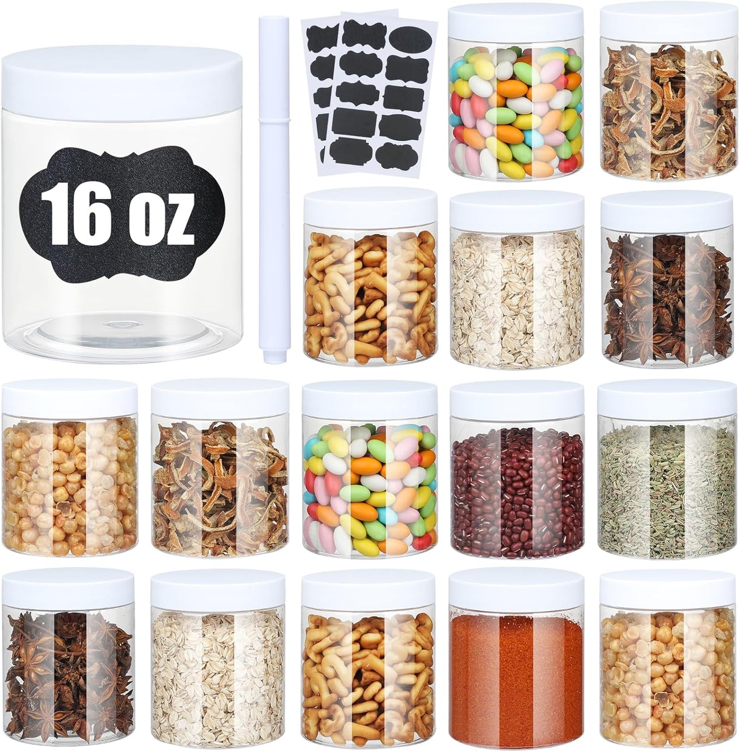 Plastic Jars with Lids, 16 oz Plastic Containers with Lids Clear Airtight Container Storage Jar Mason Jars for Dry Food Peanut Butter Honey Jam Cosmetics, Pack of 16 (16 PCS White Lids)