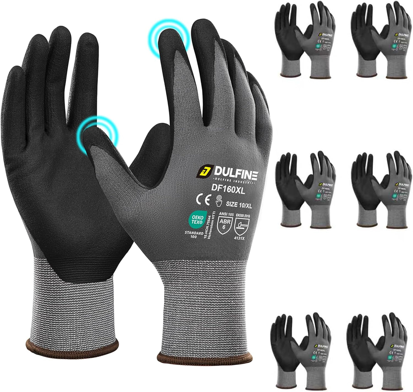 DULFINE Safety Work Gloves MicroFoam Nitrile Coated-6 Pairs Pack,Seamless Knit Nylon Glove with Black Micro-Foam Nitrile Grip,Ideal for General Purpose,Automotive,Home Improvement,Painting(Small)