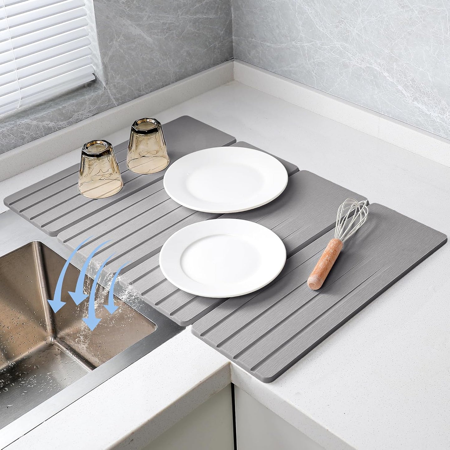 Extral Large Quick Dry Stone Drying Mat for Kitchen Counter,28x16 Inch Collapsible Eco-Friendly Absorbent Diatomaceous Earth Mat for Dishes Cups (Medium Gray-Upgraded Version, 24x16 inch)