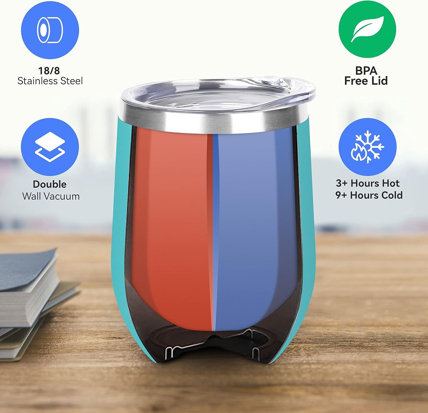 DOMICARE Stainless Steel Wine Tumbler Bulk with Lid, Personalized Insulated Tumblers Set, 12oz Travel Coffee Cups Pack of 1, Light Blue