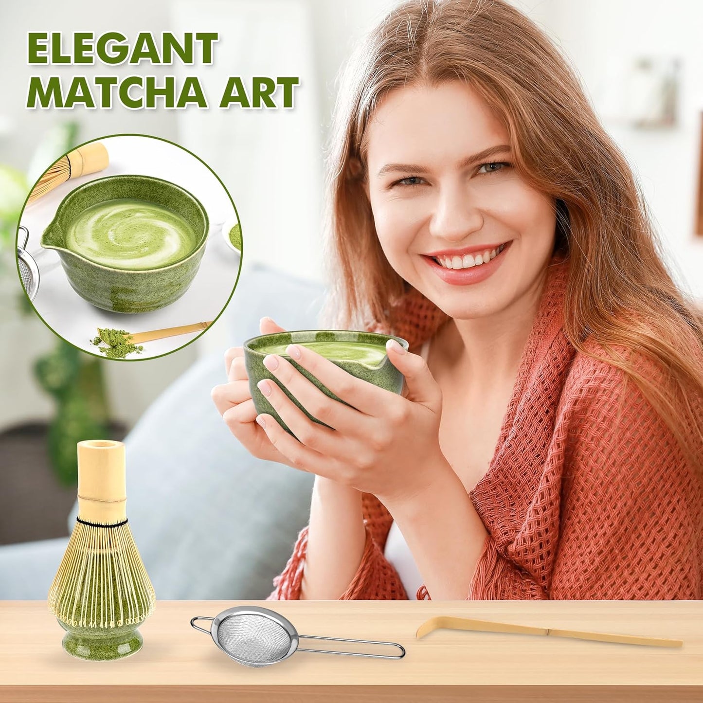 Matcha Whisk Set-Japanese Matcha Tea Kit includes Matcha Bowl with Spout,Matcha Whisk,Holder,Scoop,Sifter,Matcha Set for Making Matcha Latte,Tea Ceremony,Gifts for Family for Christmas Birthday