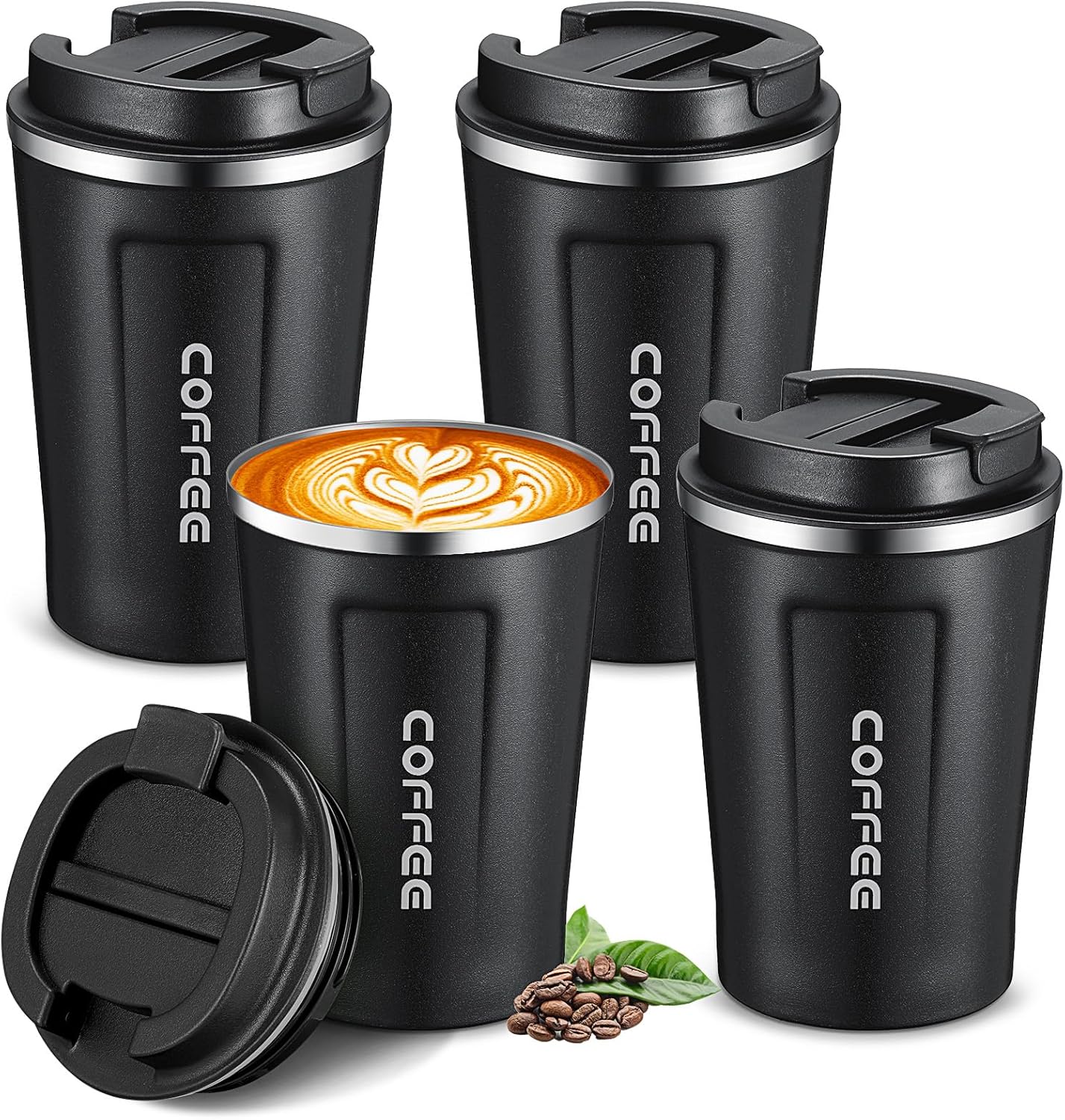 Sieral 4 Pcs 13 oz Travel Coffee Mug Insulated Reusable Coffee Cups with Leakproof Lid Stainless Steel Portable Tumbler for Keep Hot or Ice Milk Tea(Black)