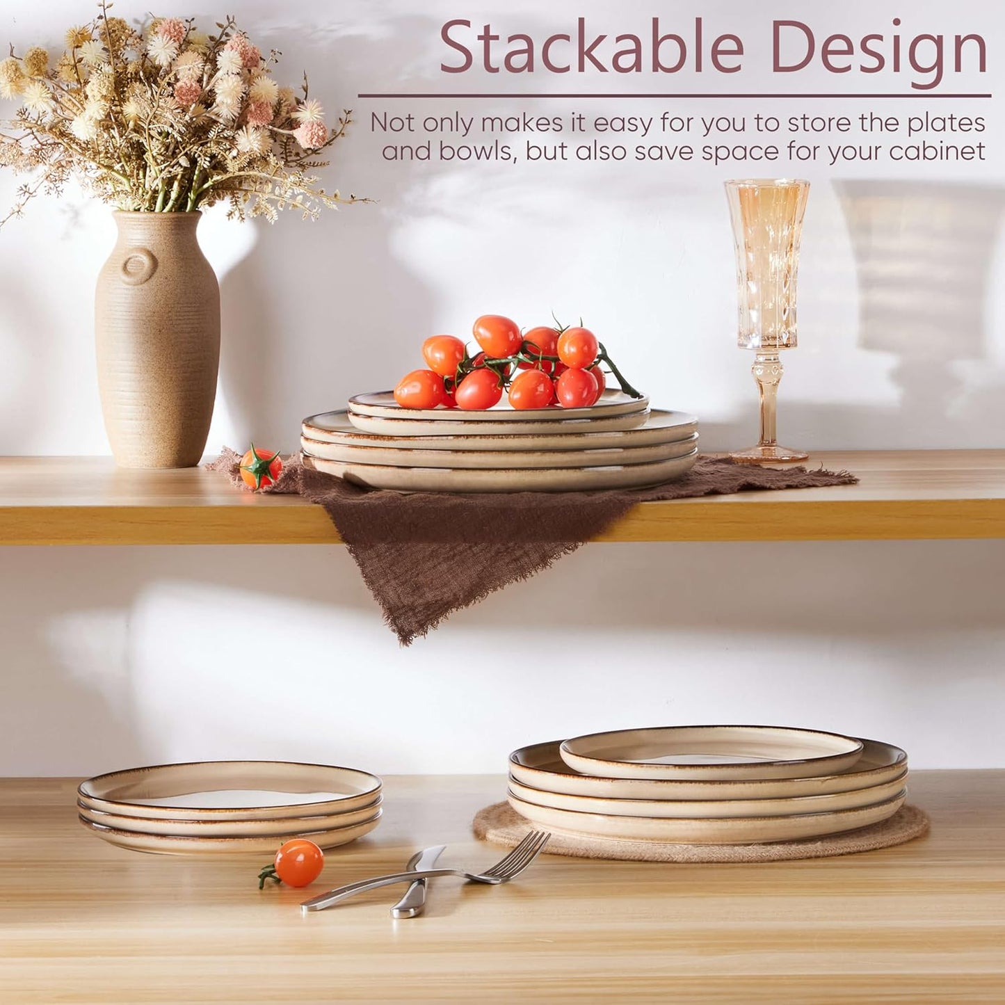 Herogo Ceramic 10.43 Inch Dinner Plates Set of 6, Stoneware Dinnerware Plate Set, Double Reactive Glaze Large Dinnerware Plates for Kitchen, Microwave, Oven & Dishwasher Safe, Cream Khaki