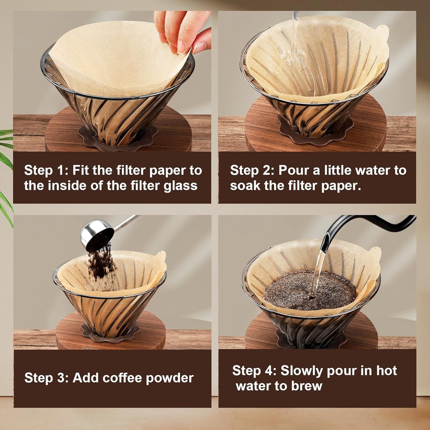 Mongdio Pour Over Coffee Maker, 20 oz High-Heat Borosilicate Glass Coffee Maker with 100pcs V60 Paper Filters, Walnut Handle & Glass Lid, Drip Coffee Maker Set for Home Café Restaurant - 600ml, Gray