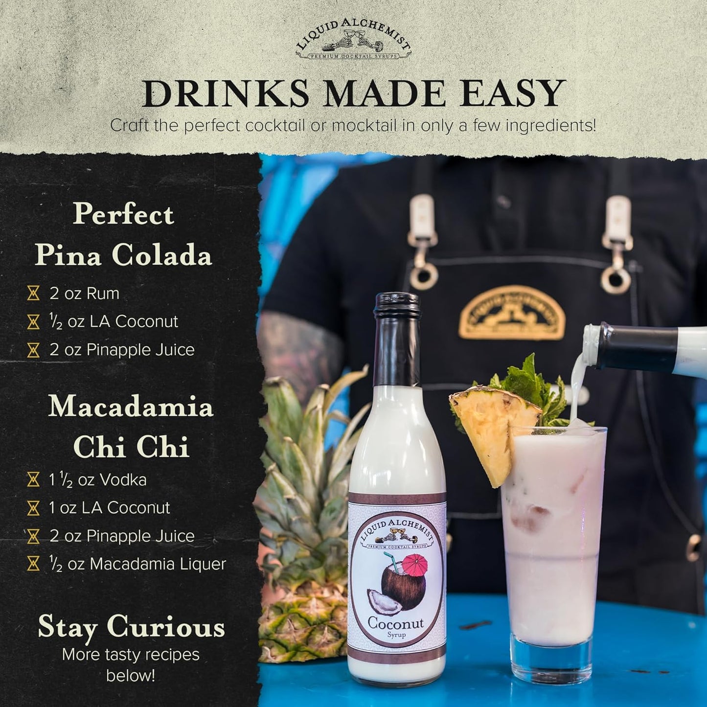 Liquid Alchemist Coconut Syrup for Drinks - Real Ingredients Make our Cream of Coconut Syrup a Perfect Pina Colada Drink Mix - Tropical Flavoring for Drinks - Vegan & Non-GMO (12 oz)