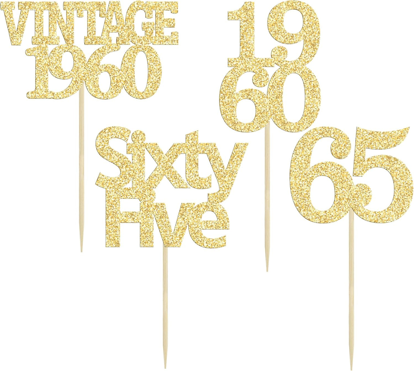 Gyufise 24Pcs 65th Birthday Cupcake Toppers Glitter Cheers to 65 Fabulous Sixty Five Vintage 1960 Cupcake Picks 65th Birthday Wedding Anniversary Party Cake Decorations Supplies Gold