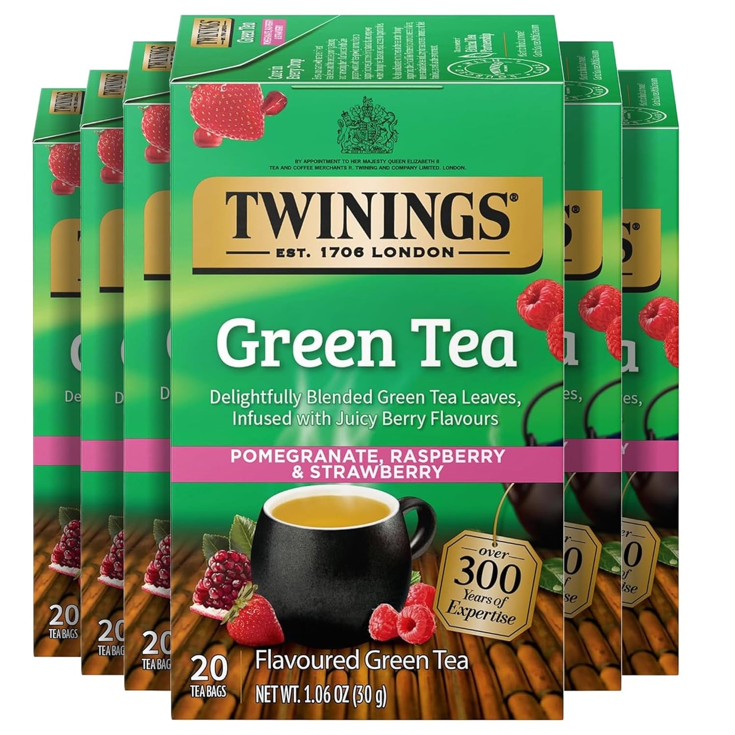 Twinings Green Tea with Pomegranate, Raspberry, & Strawberry Individually Wrapped Bags, 20 Count (Pack of 6), Caffeinated, Enjoy Hot or Iced, 120 Teabags