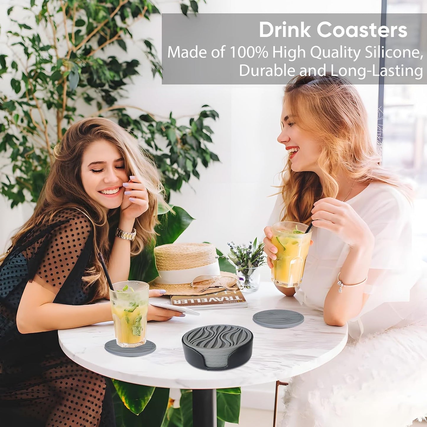 6 Pack Rubber Drink Coasters,Coasters for Drink with Holder,Silicone Cup Mat Non-Stick,Non-Slip,Thickened Live for Hot or Cold Drink-Pure Gray