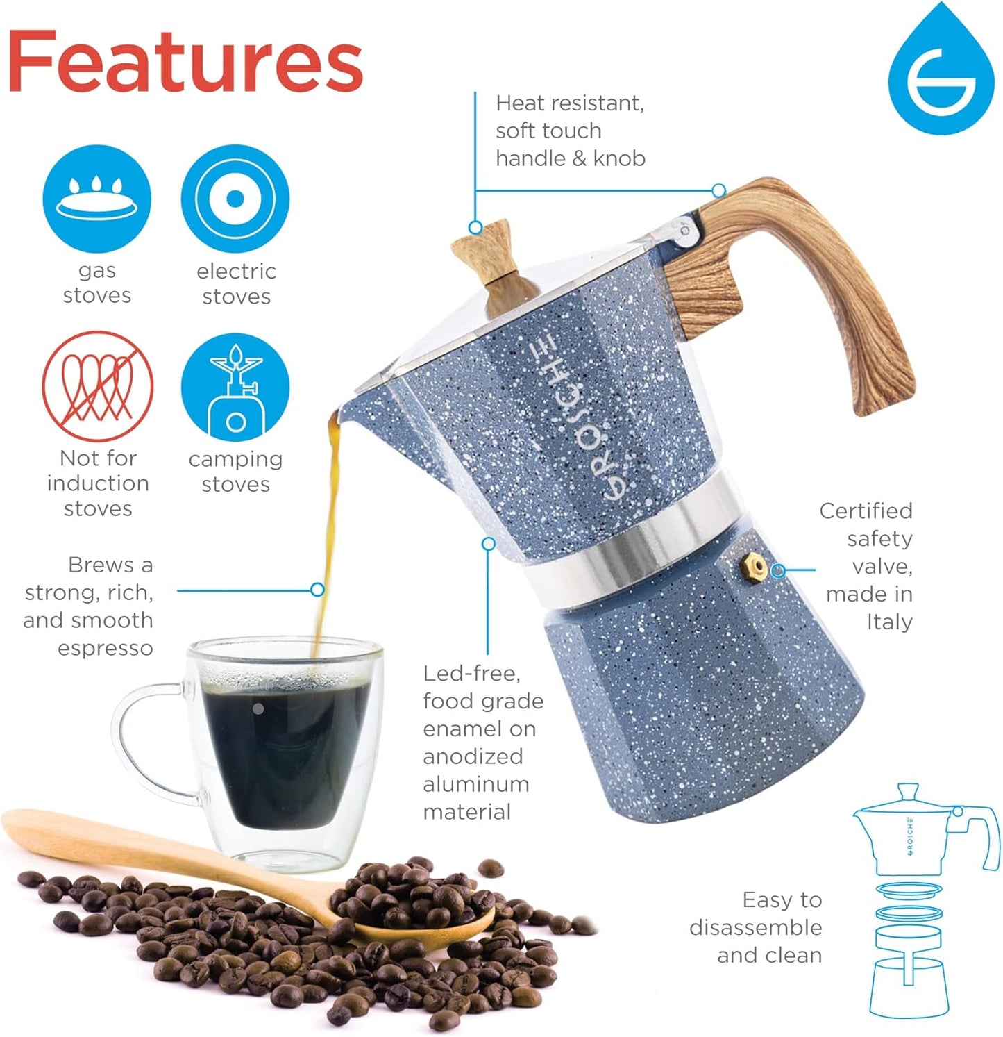 GROSCHE Milano Moka pot, Stovetop Espresso maker, Greca Coffee Maker, Stovetop coffee maker and espresso maker percolator (Indigo, 6 cup)