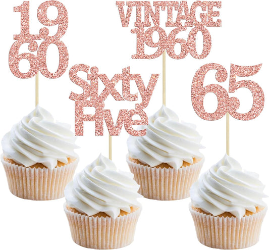 Gyufise 24Pcs 65th Birthday Cupcake Toppers Glitter Cheers to 65 Fabulous Sixty Five Vintage 1960 Cupcake Picks 65th Birthday Wedding Anniversary Party Cake Decorations Supplies Rose Gold