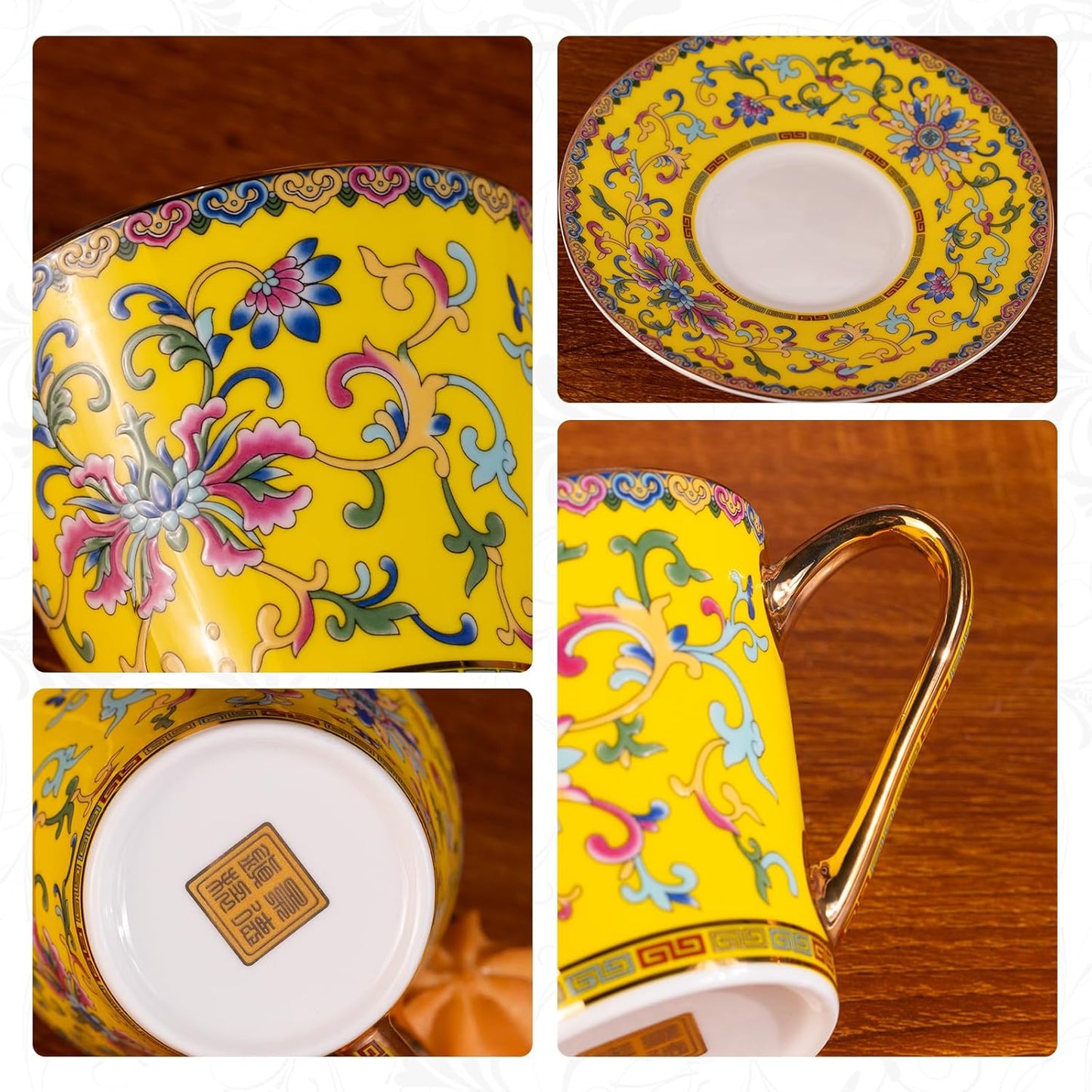 KAMMAK Tea Cups and Saucers Set of 2, Porcelain Coffee Cups with Saucer for Espresso, Cappuccino, 9oz Vintage Noble Yellow Ceramic Demitasse Mug for Home, Tea Party, Office