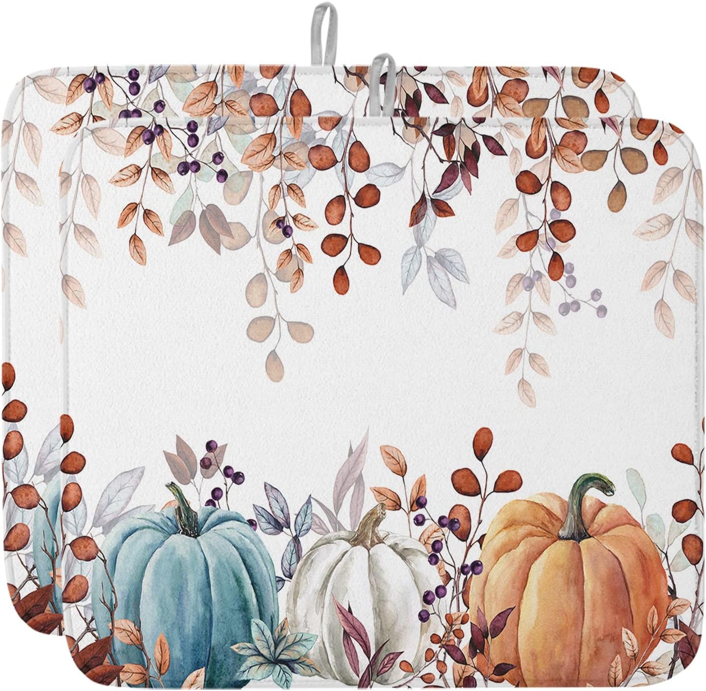 Fall Dish Drying Mat for Kitchen Counter Pumpkin Drying Pad Absorbent Drying Mats for Countertops Sinks Draining Racks Autumn Eucalyptus Leaves Drainer Holiday Harvest Thanksgiving Decorations 16x18