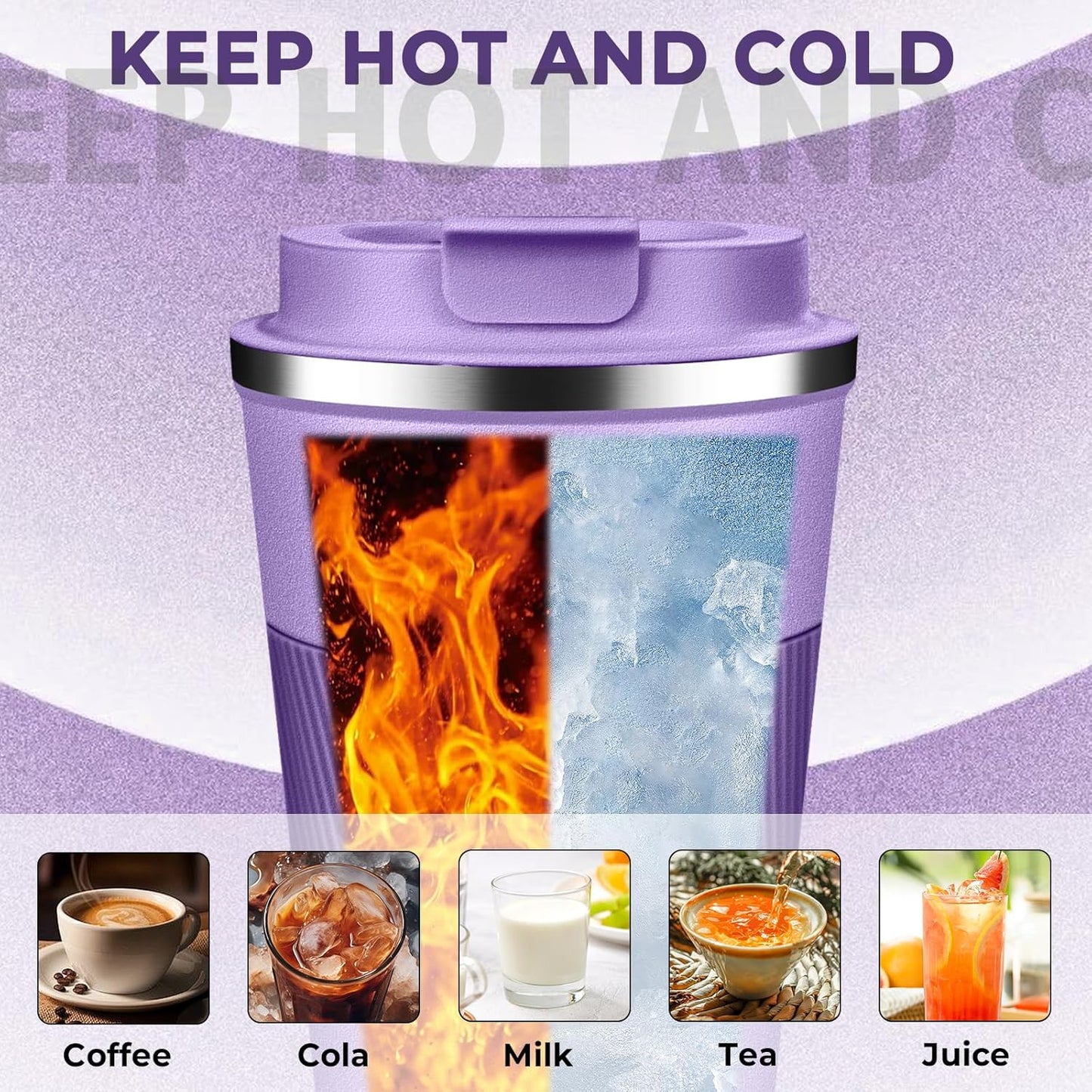 Insulated Coffee Tumbler 17 oz, Stainless Steel Coffee Mug with Lids, Travel Coffee Mug Leak Proof, Double Wall Vacuum Insulated Reusable Coffee Cup, Keep Drinks Hot and Cold (Lavender, 17 Ounces)