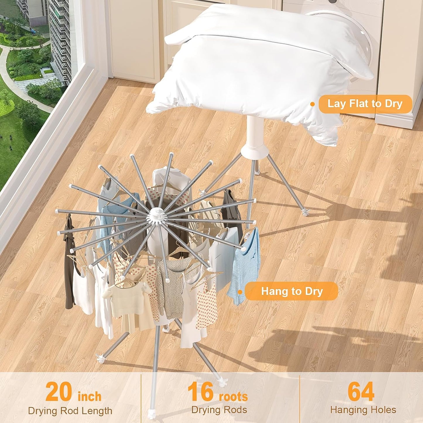 Four-Legged Clothes Drying Rack, Portable and Foldable Space Saving Laundry Drying Rack, Outdoor Folding Dry Rack with 4 Pulleys & 16 Poles, Collapsible Aluminum Indoor Dry Rack for Balcony, Poolside