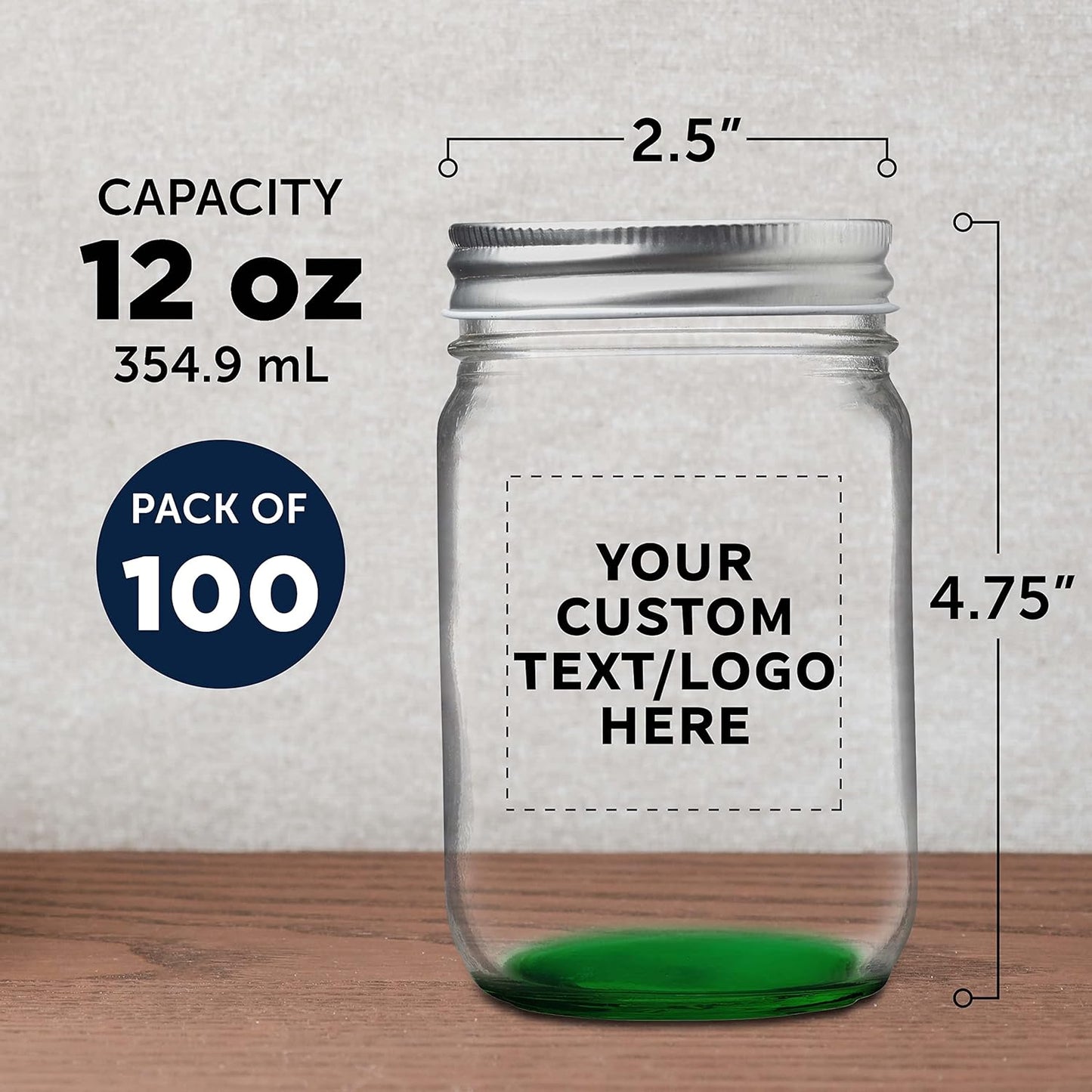 DISCOUNT PROMOS 100 Decorating Mason Jars Set, 12 oz. - Customizable Text, Logo - Canning, Aluminum Lid - Green