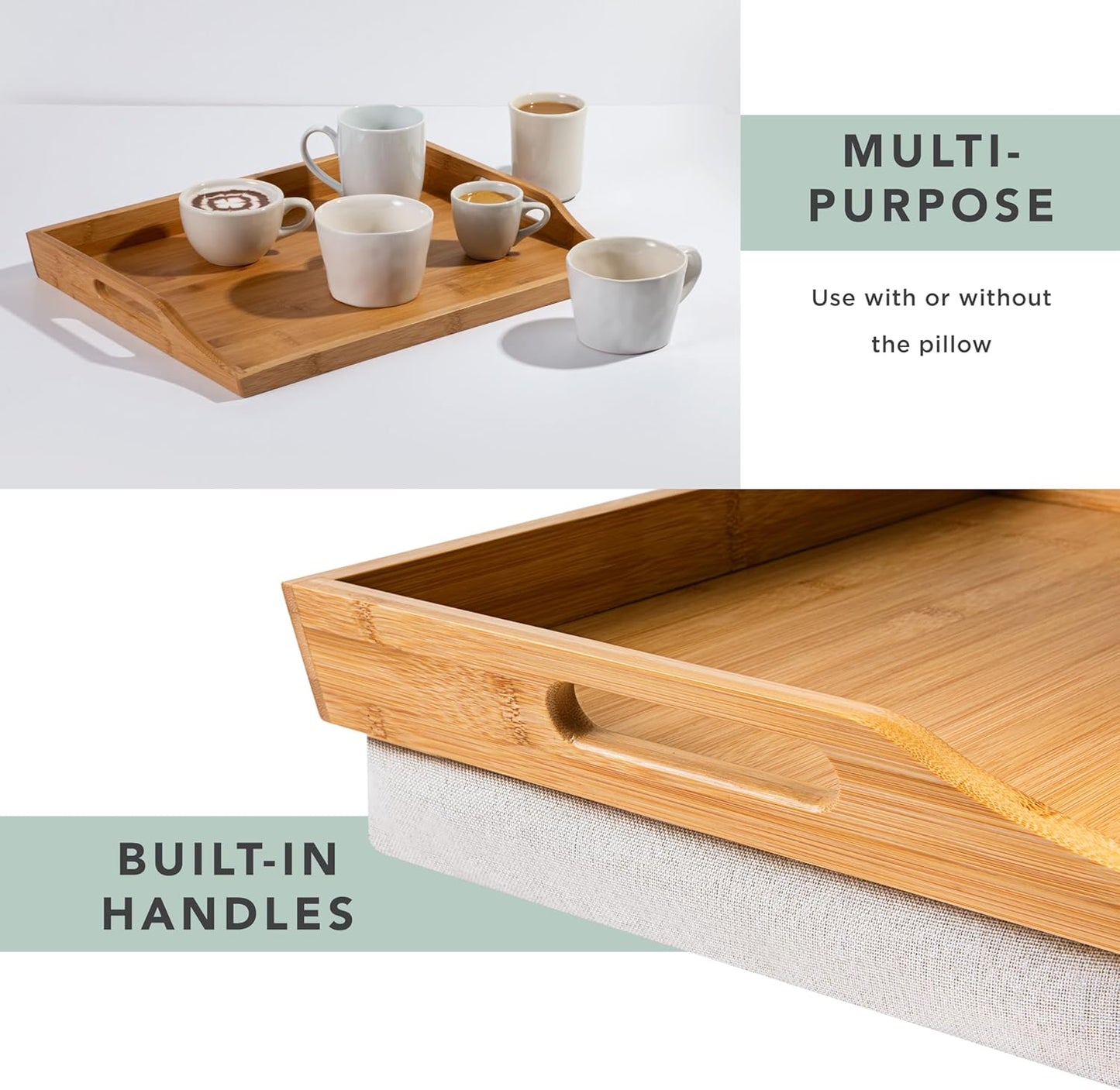 ROSSIE HOME Bamboo Wood Bed Tray, Lap Desk with Detachable Cushion, Serving Tray - Natural - Fits up to 15.6 Inch Laptops - Style No. 76107